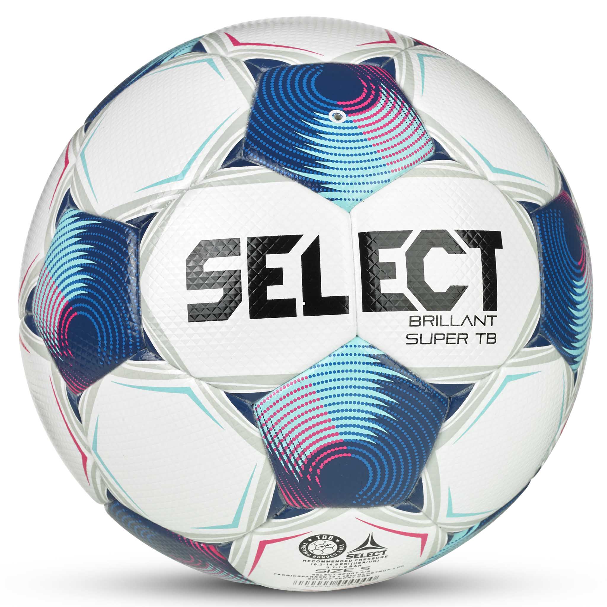 White soccer ball with navy, lightblue, and pink accents and 'Select' branding. FIFA Quailty Pro #color_ #color_white/blue #color_white/blue