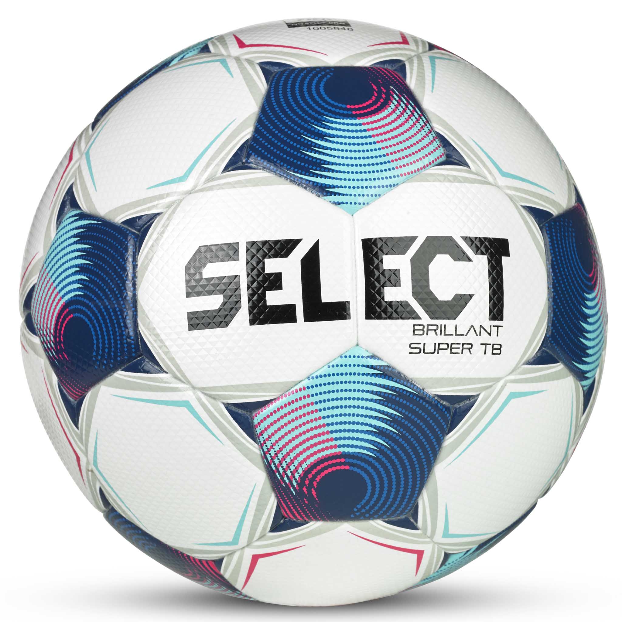 White soccer ball with navy, lightblue, and pink accents and 'Select' branding. FIFA Quailty Pro #color_white/blue