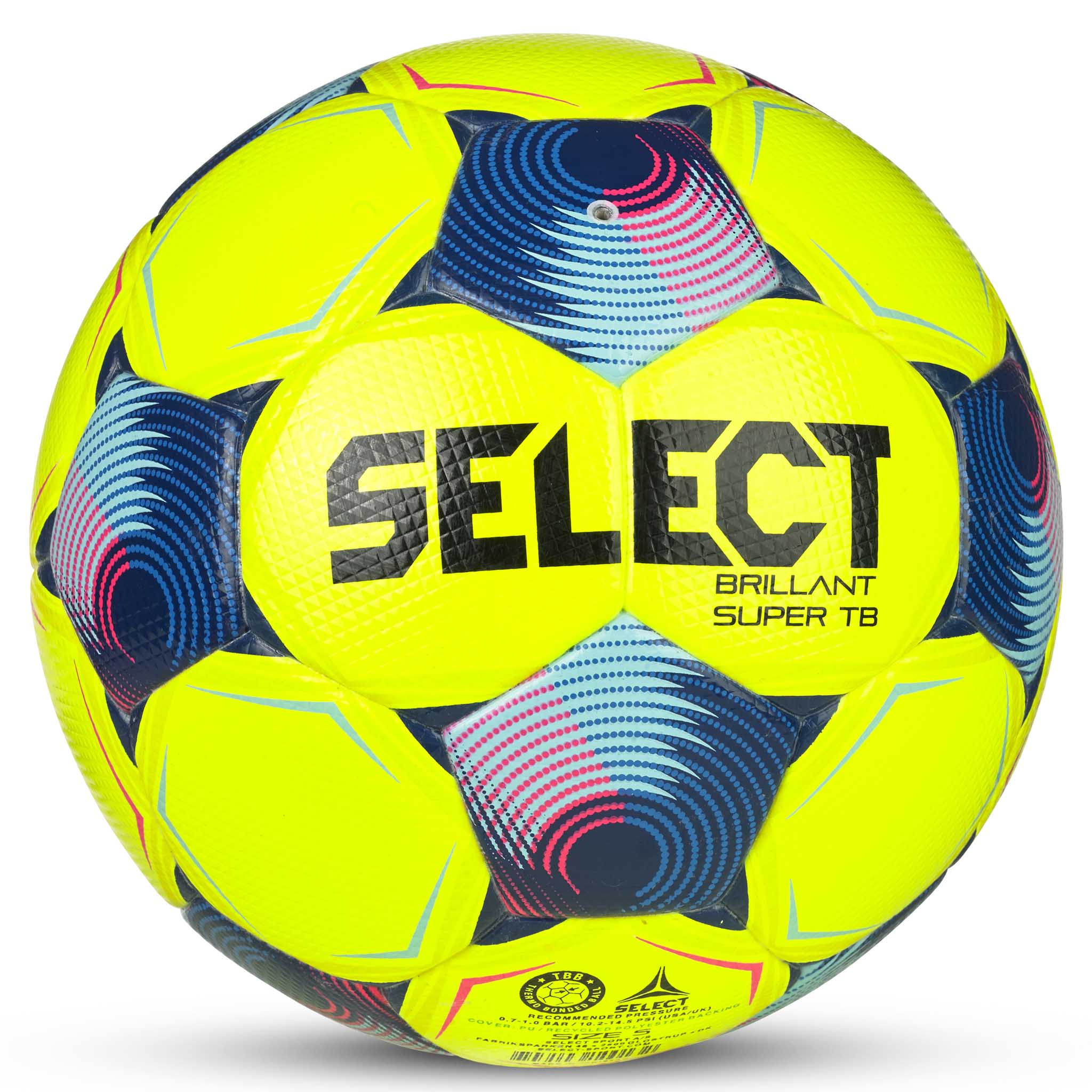 Yellow soccer ball with navy, lightblue, and pink accents and 'Select' branding. FIFA Quailty Pro #color_ #color_yellow/blue #color_yellow/blue