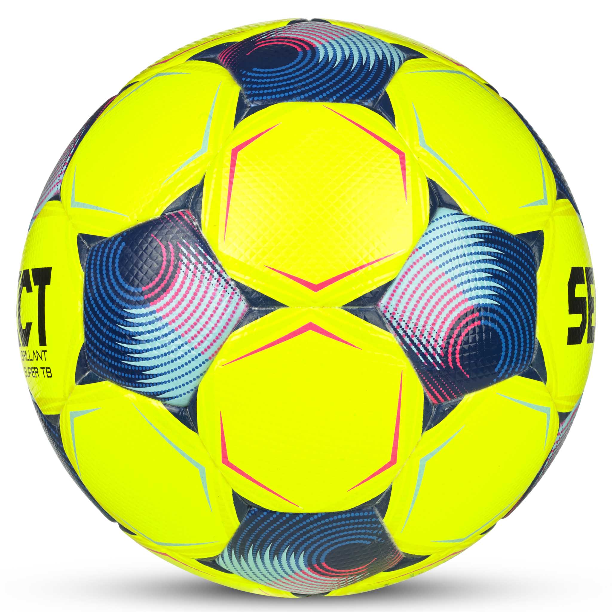 Yellow soccer ball with navy, lightblue, and pink accents and 'Select' branding. FIFA Quailty Pro #color_ #color_yellow/blue #color_yellow/blue