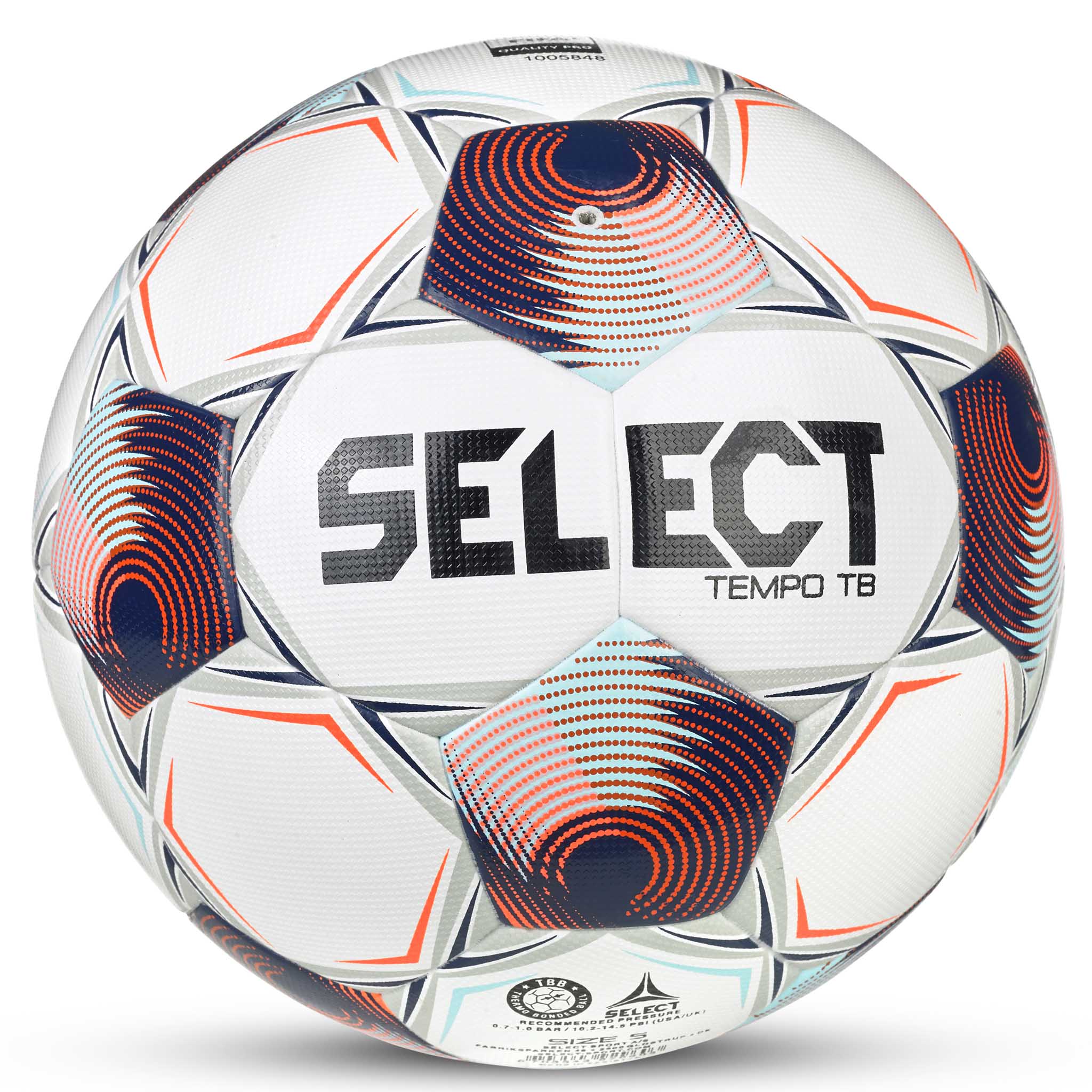 White soccer ball with navy, orange, and lightblue accents and 'Select' branding. Approved for NFHS play #color_white/navy