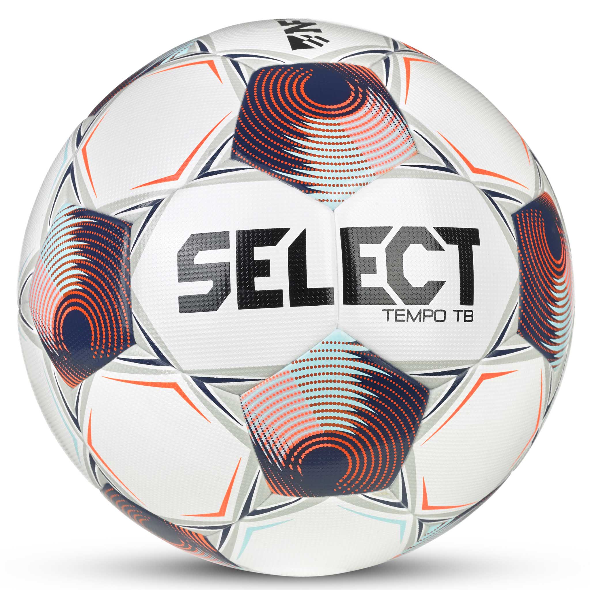White soccer ball with navy, orange, and lightblue accents and 'Select' branding. Approved for NFHS play #color_white/navy