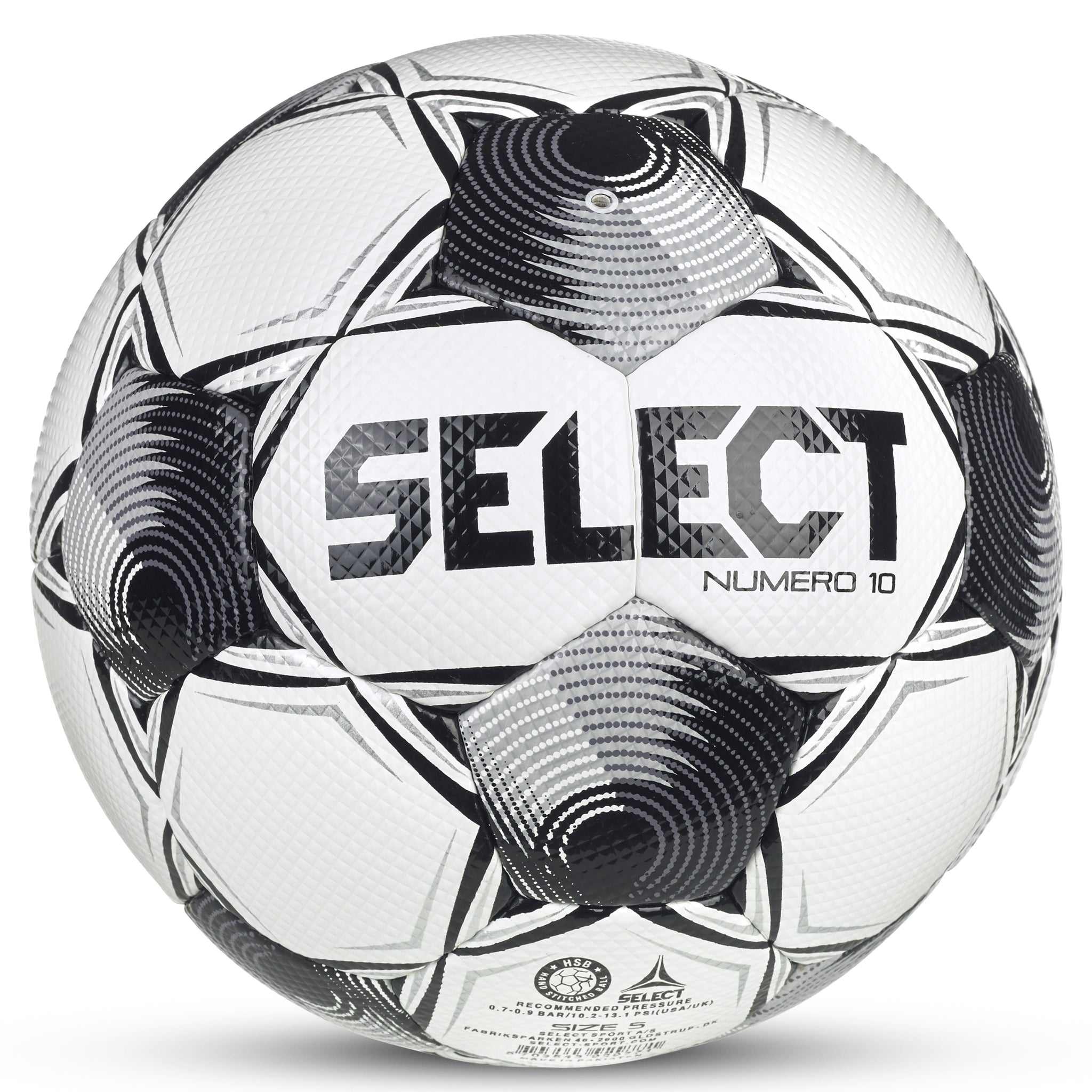 White soccer ball with black and silver accents and 'Select' branding. #color_ #color_white/black #color_white/black