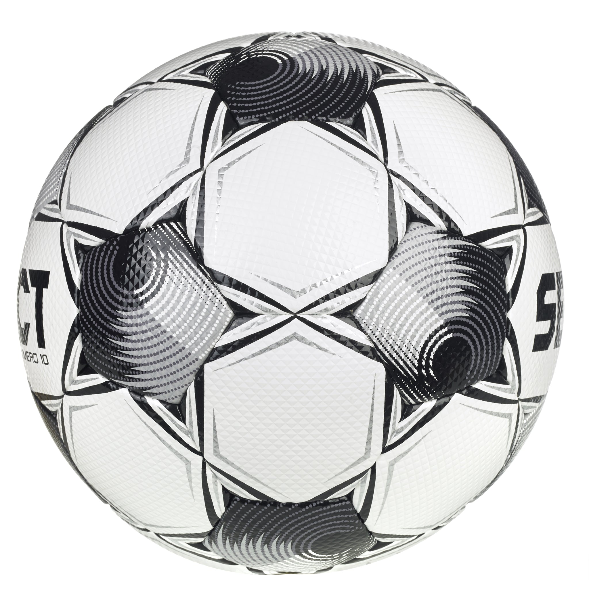 White soccer ball with black and silver accents and 'Select' branding. #color_ #color_white/black #color_white/black