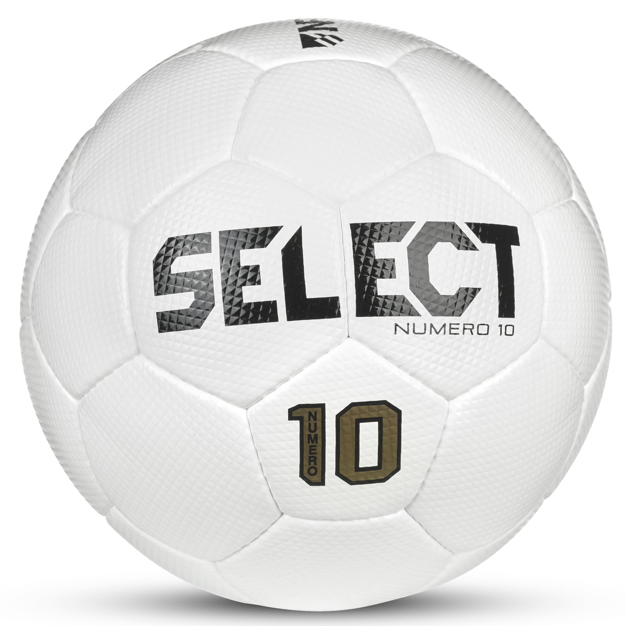 White soccer ball with a gold numero 10 and 'Select' branding. Approved for NFHS play #color_white