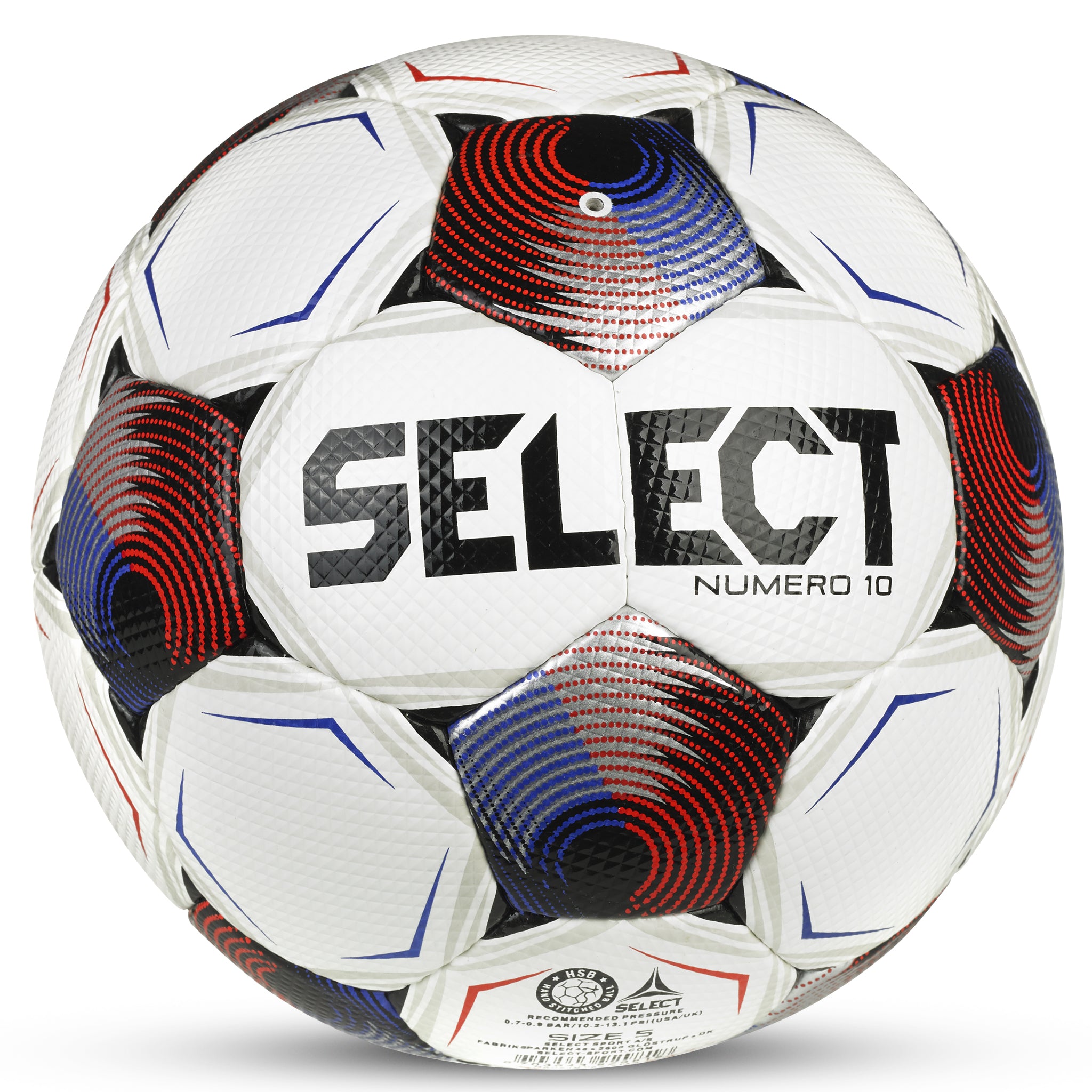 White soccer ball with blue, red and silver accents and 'Select' branding. Back view
