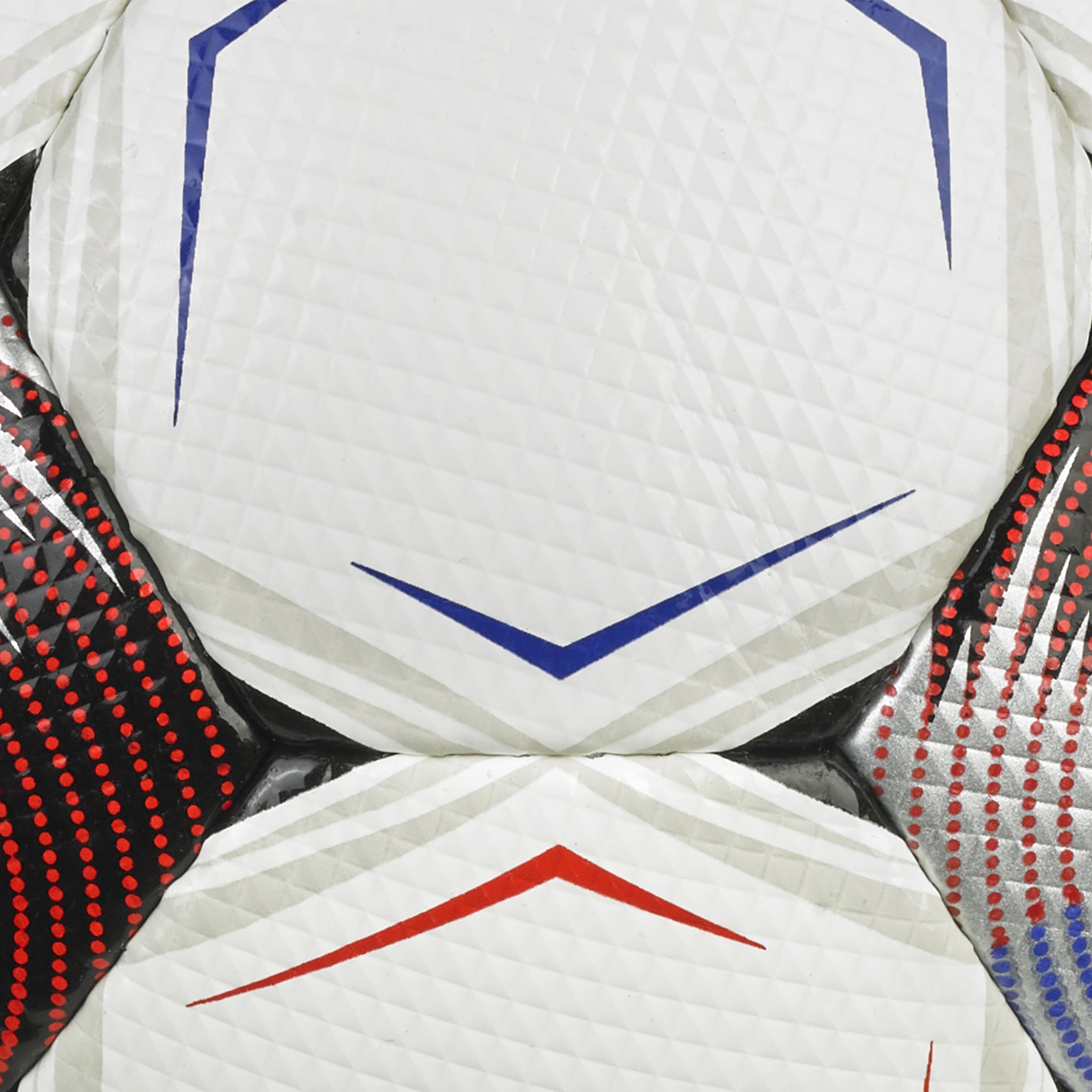 White soccer ball with blue, red, and silver accents. Closeup view