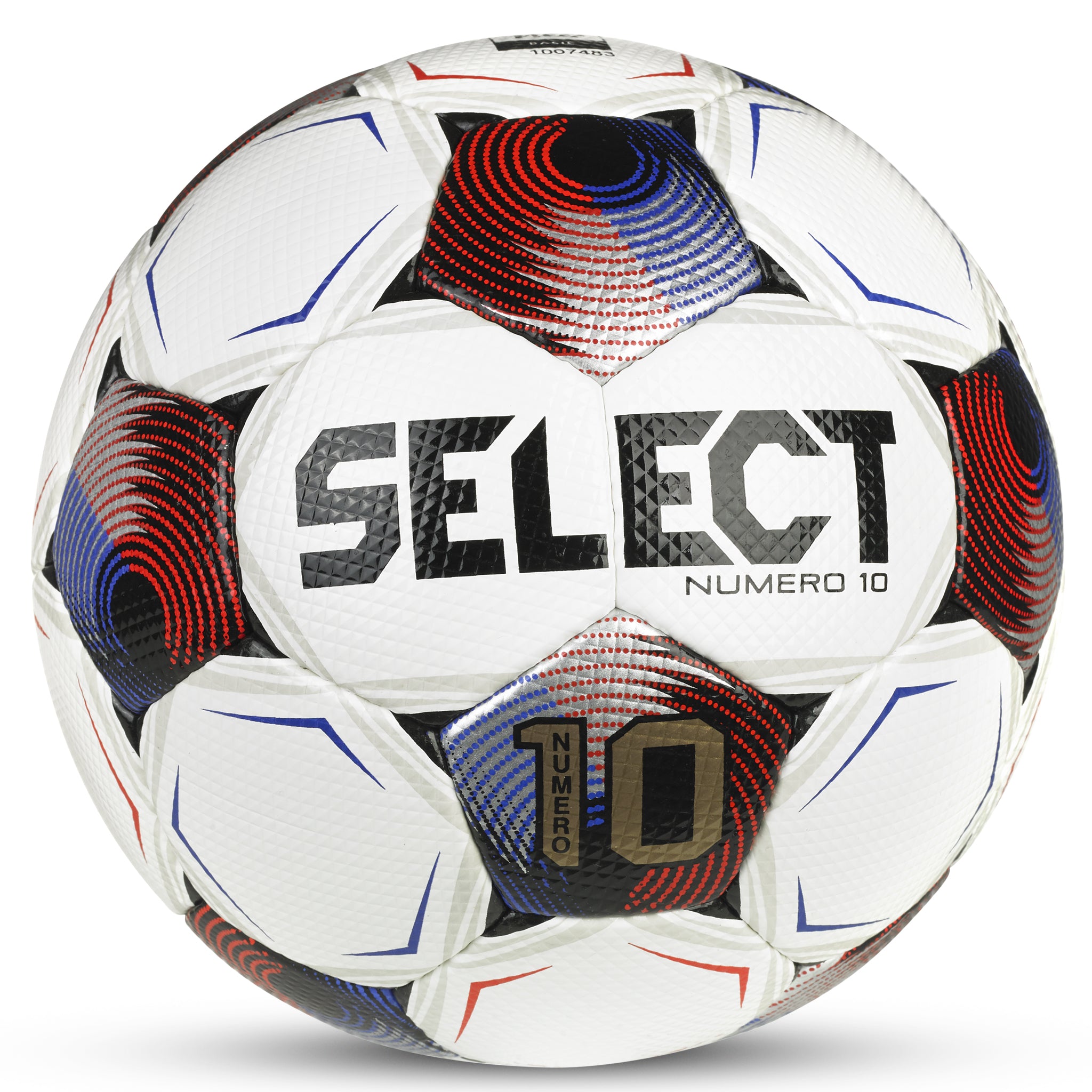 White soccer ball with blue, red and silver accents and 'Select' branding and gold 'Numero 10' logo. Front view