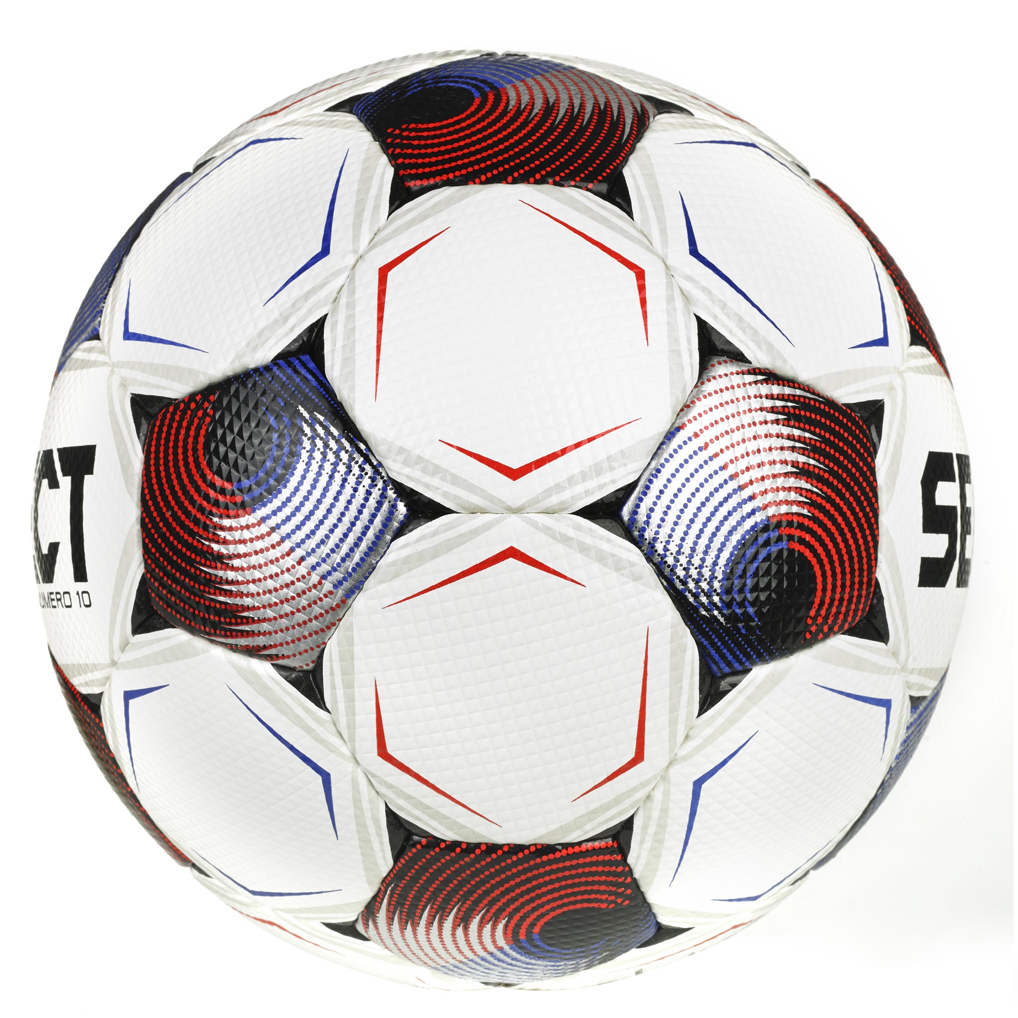 White soccer ball with blue, red and silver accents and 'Select' branding. Side view