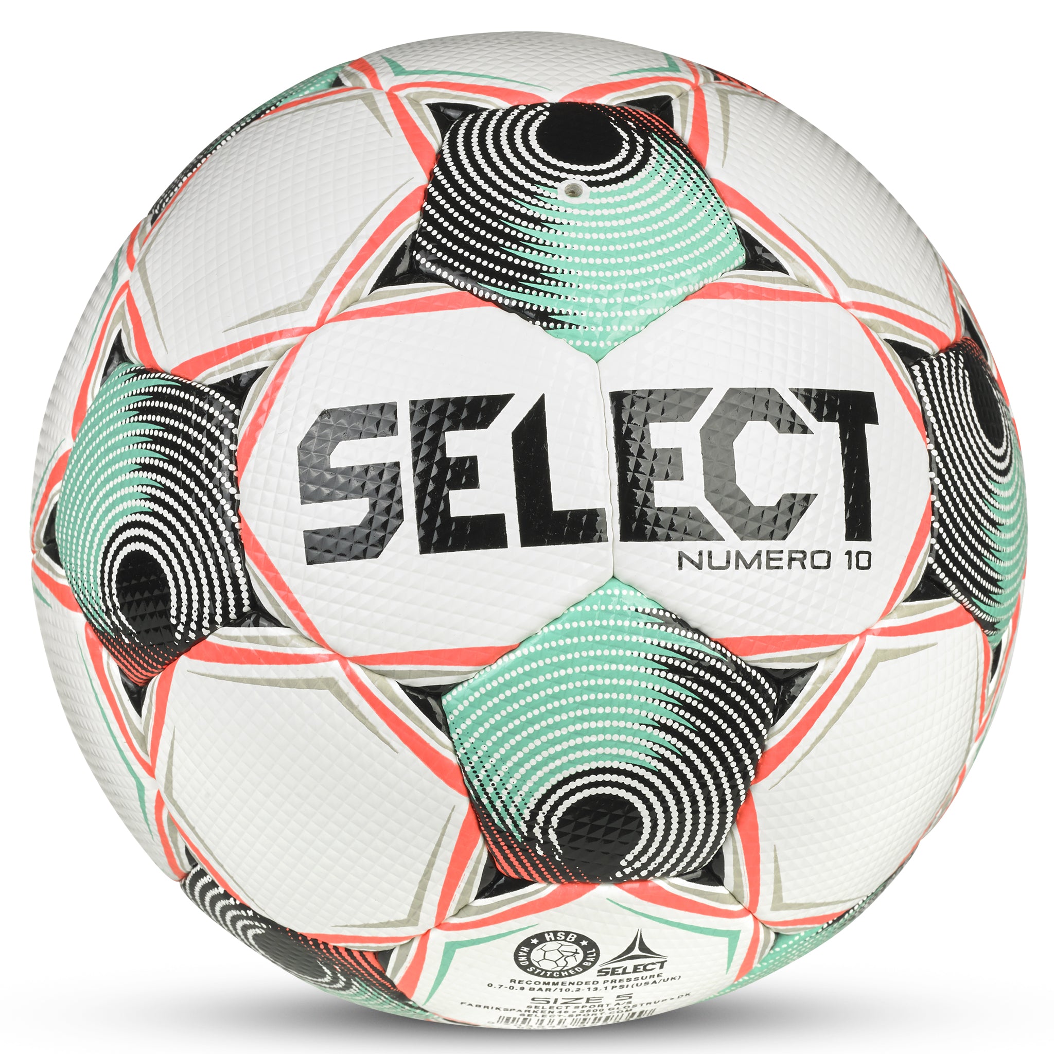 White soccer ball with teal and coral accents and 'Select' branding #color_teal/coral #color_white/green