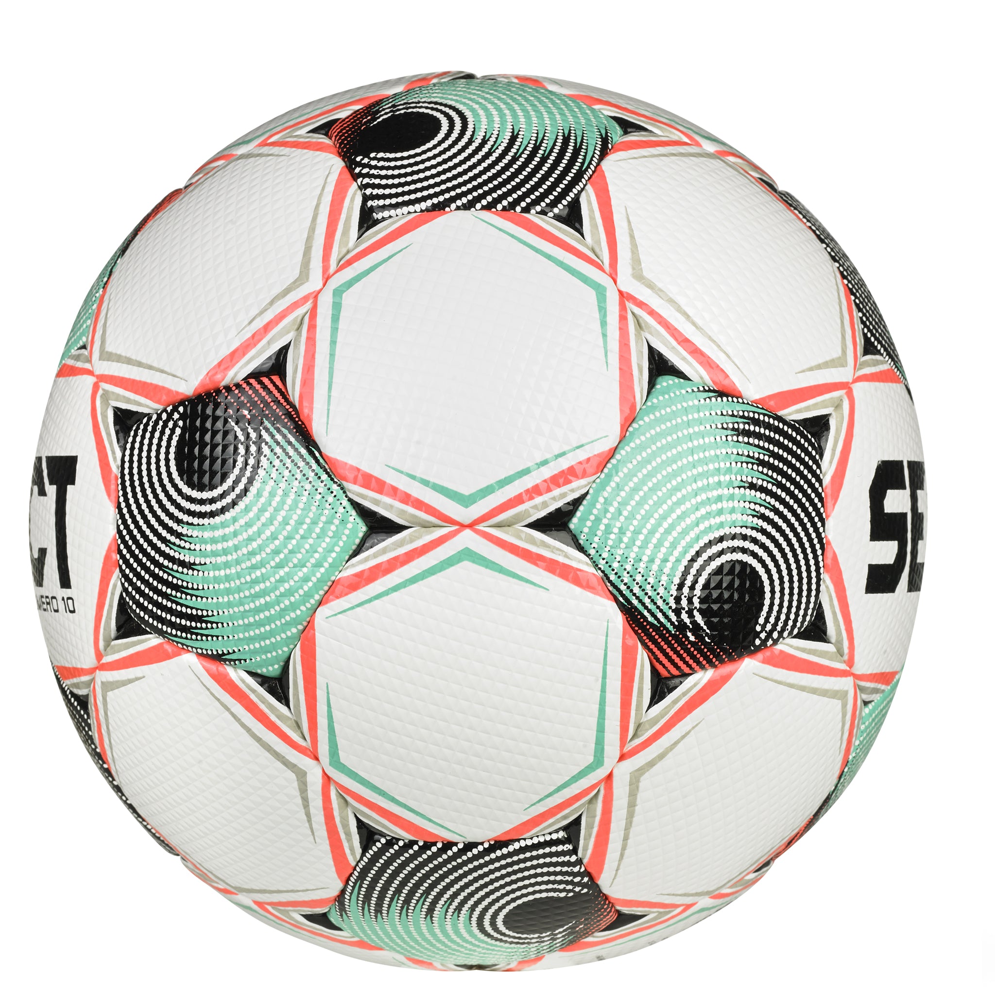 White soccer ball with teal and coral accents and 'Select' branding #color_teal/coral #color_white/green