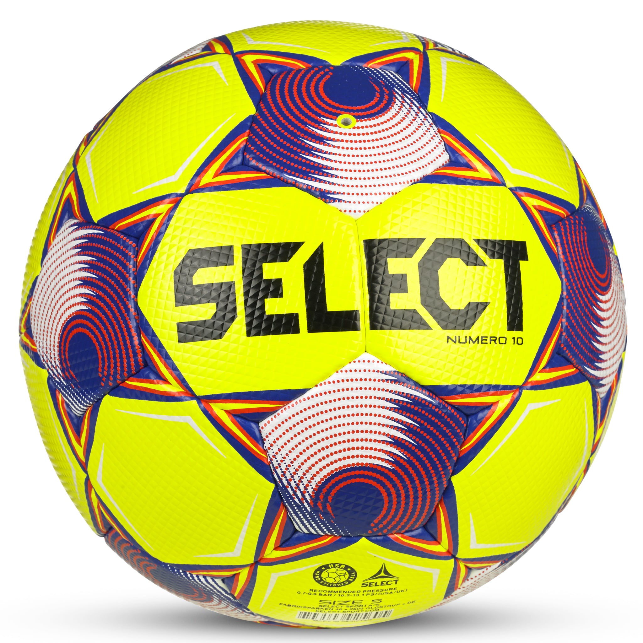 Yellow soccer ball with blue, red and white accents and 'Select' branding. Back view