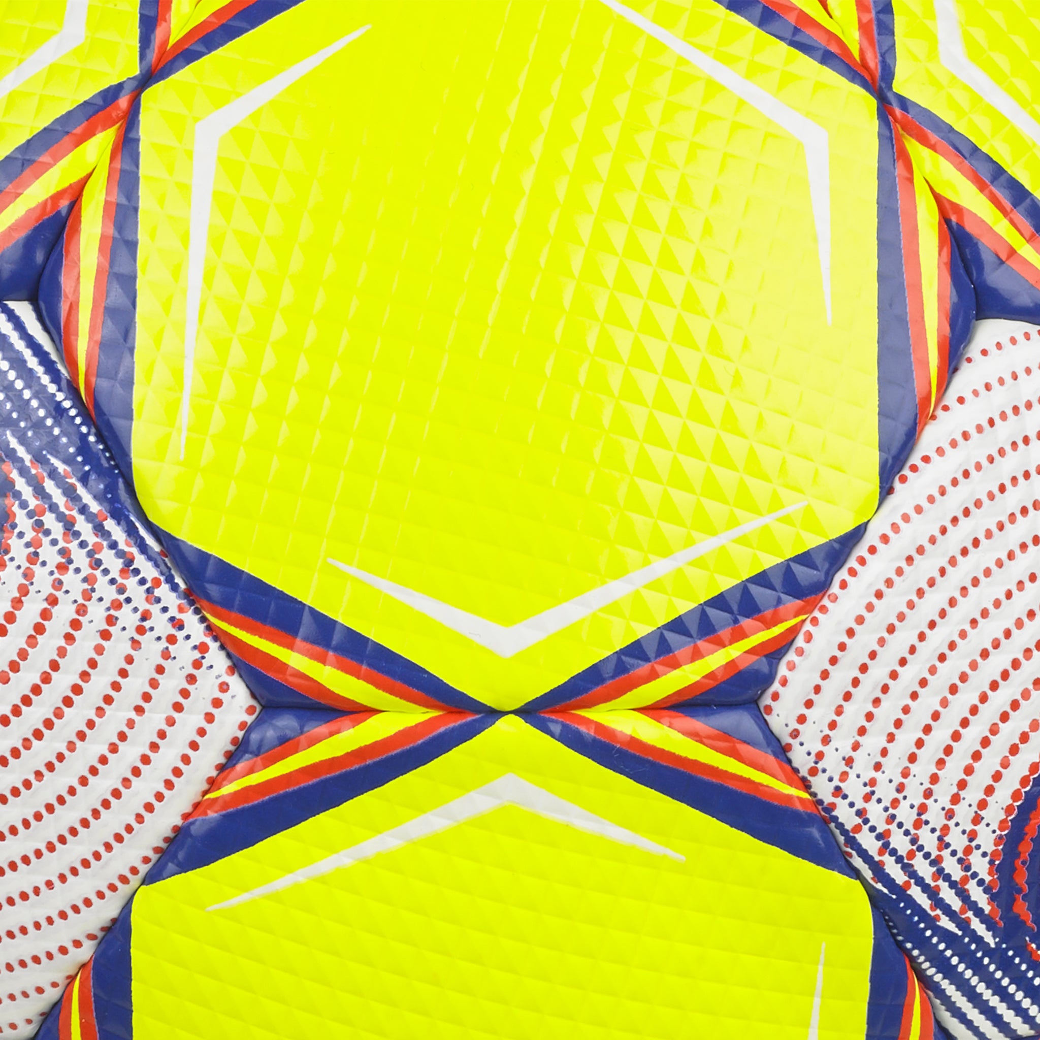 Yellow soccer ball with blue, red and white accents. Closeup view