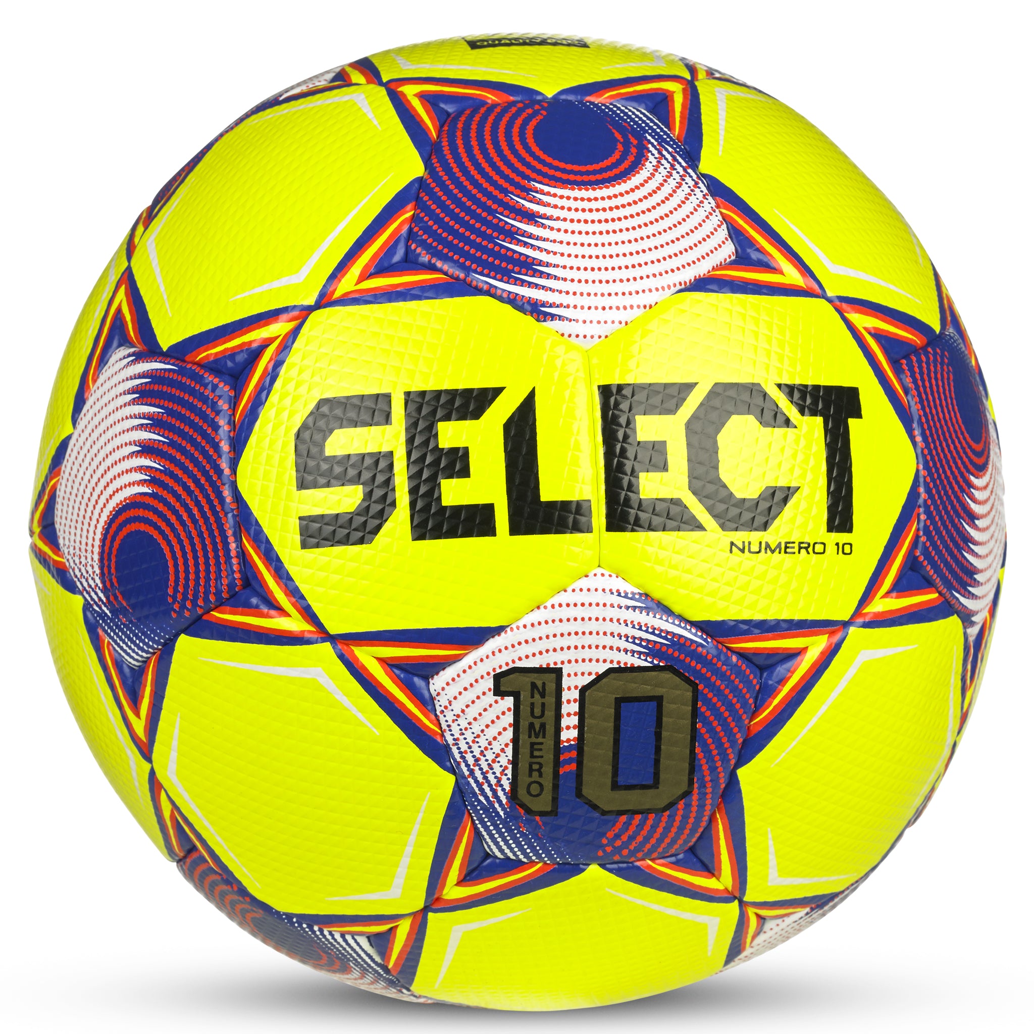 Yellow soccer ball with blue, red and white accents and 'Select' branding #color_yellow/red