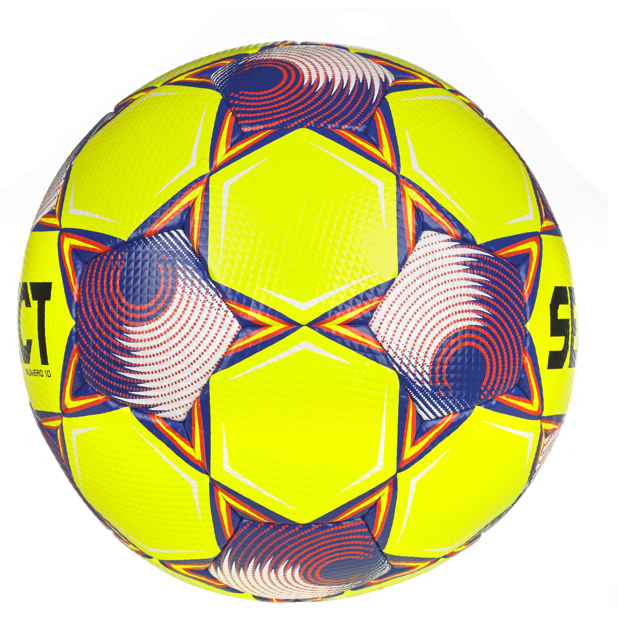 Yellow soccer ball with blue, red and white accents and 'Select' branding #color_ #color_yellow/blue #color_yellow/red