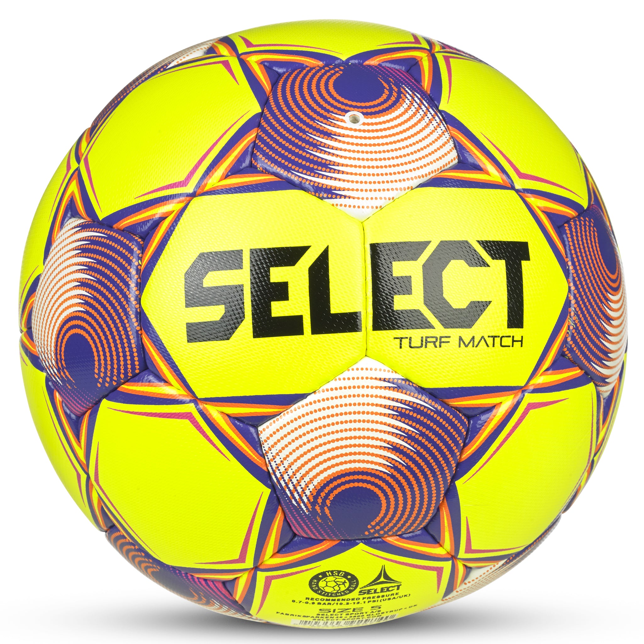 Yellow soccer ball with purple, orange, and white accents and 'Select' branding. Approved for NFHS play #color_yellow/purple