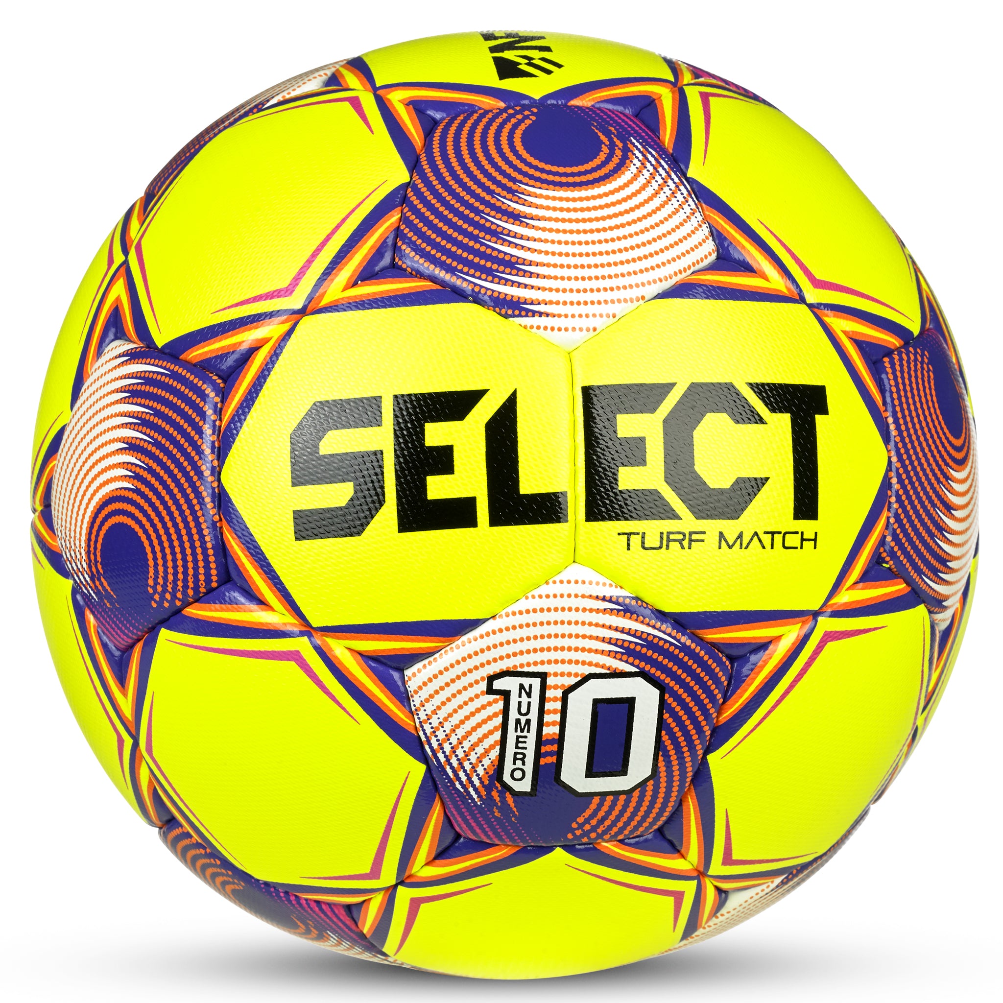 Yellow soccer ball with purple, orange, and white accents and 'Select' branding. Approved for NFHS play #color_yellow/purple
