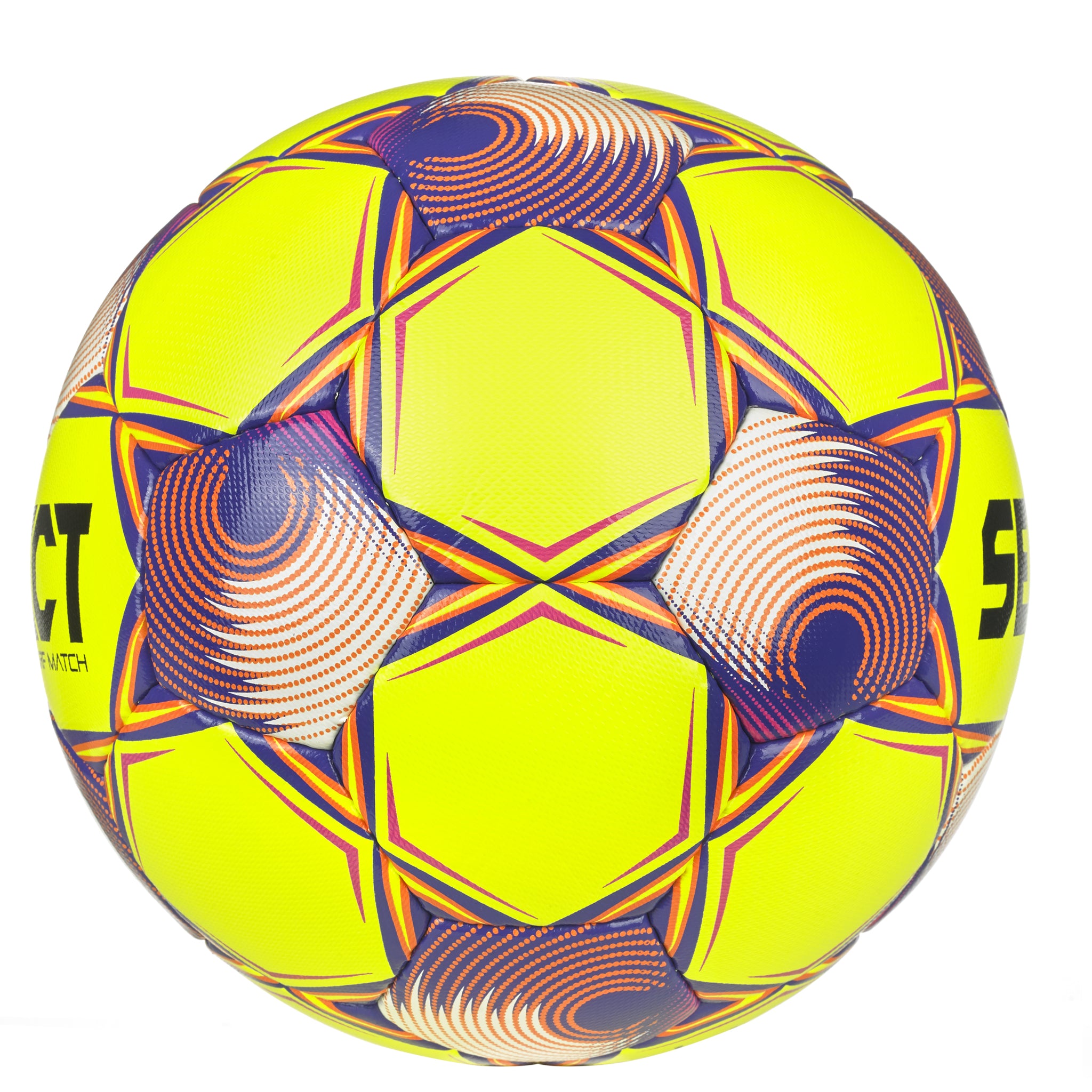 Yellow soccer ball with purple, orange, and white accents and 'Select' branding. Approved for NFHS play #color_yellow/purple
