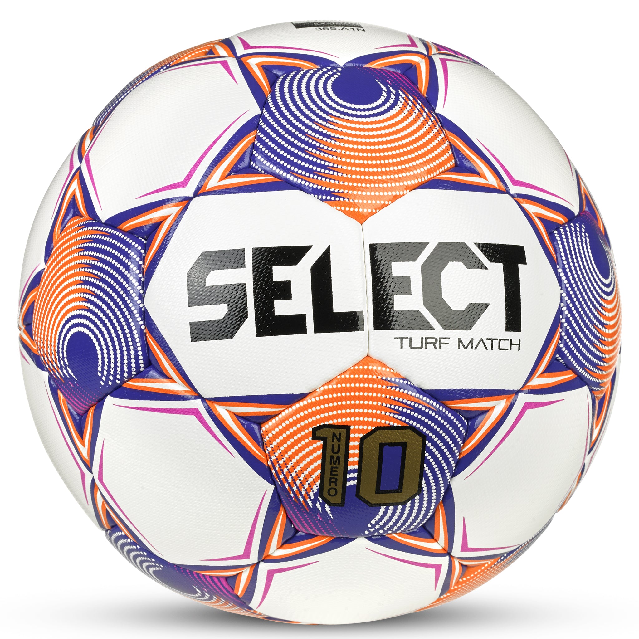 White soccer ball with purple and orange accents and 'Select' branding. #color_white/purple
