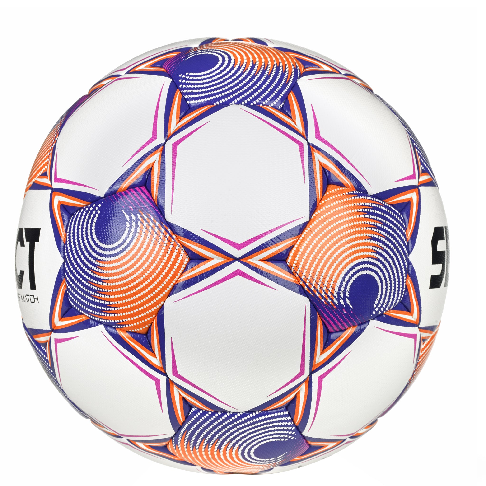 White soccer ball with purple and orange accents and 'Select' branding. #color_ #color_white/purple #color_white/purple