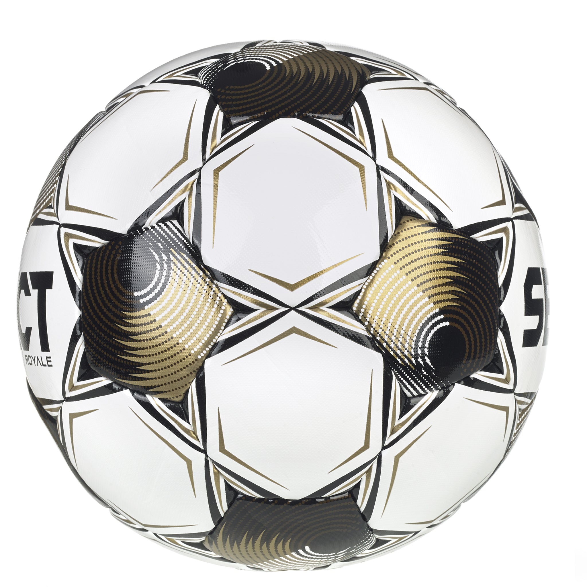 White soccer ball with black and gold accents and 'Select' branding. Approved for NFHS play #color_white/black