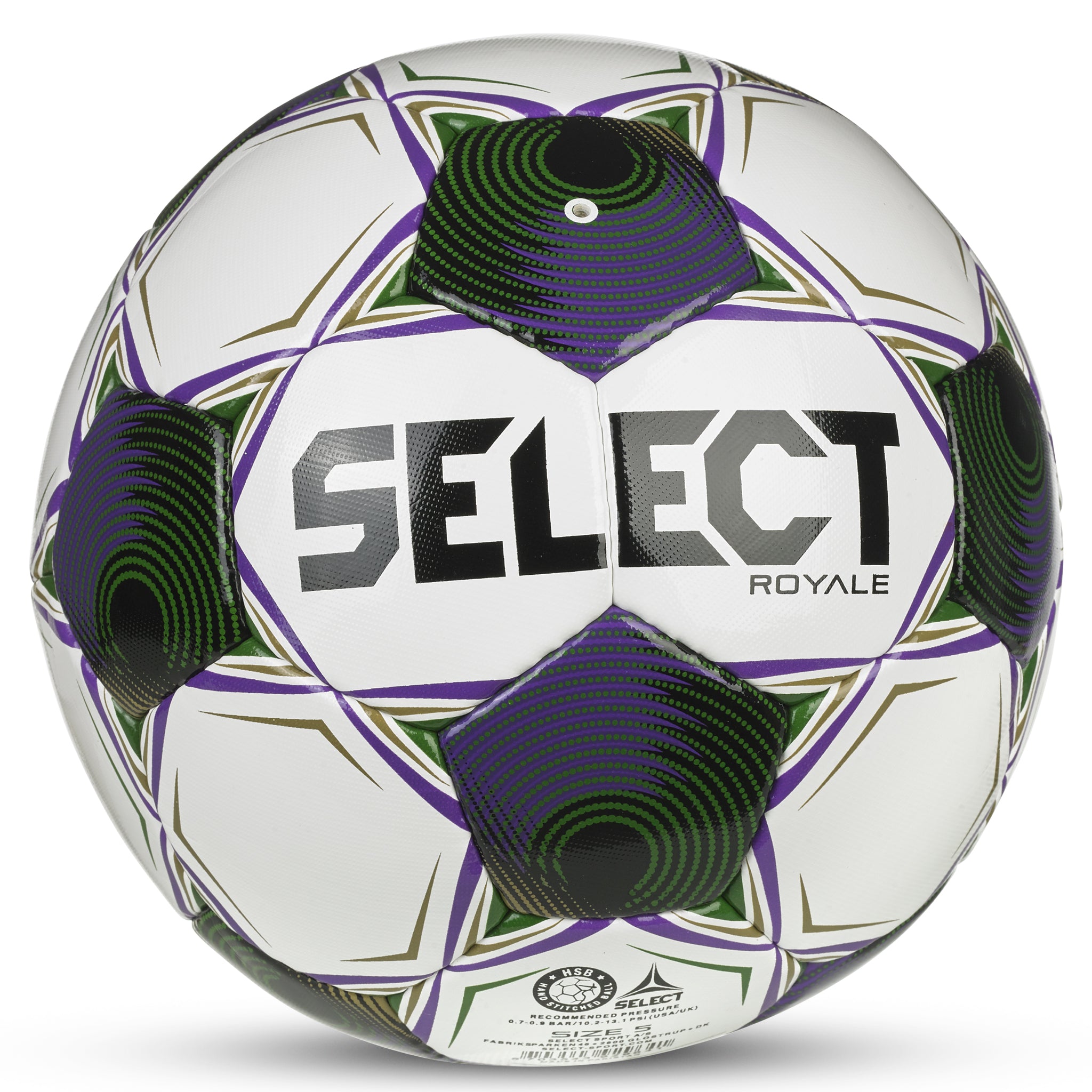 White soccer ball with black, purple, green and gold accents and 'Select' branding. #color_purple/green #color_white/purple