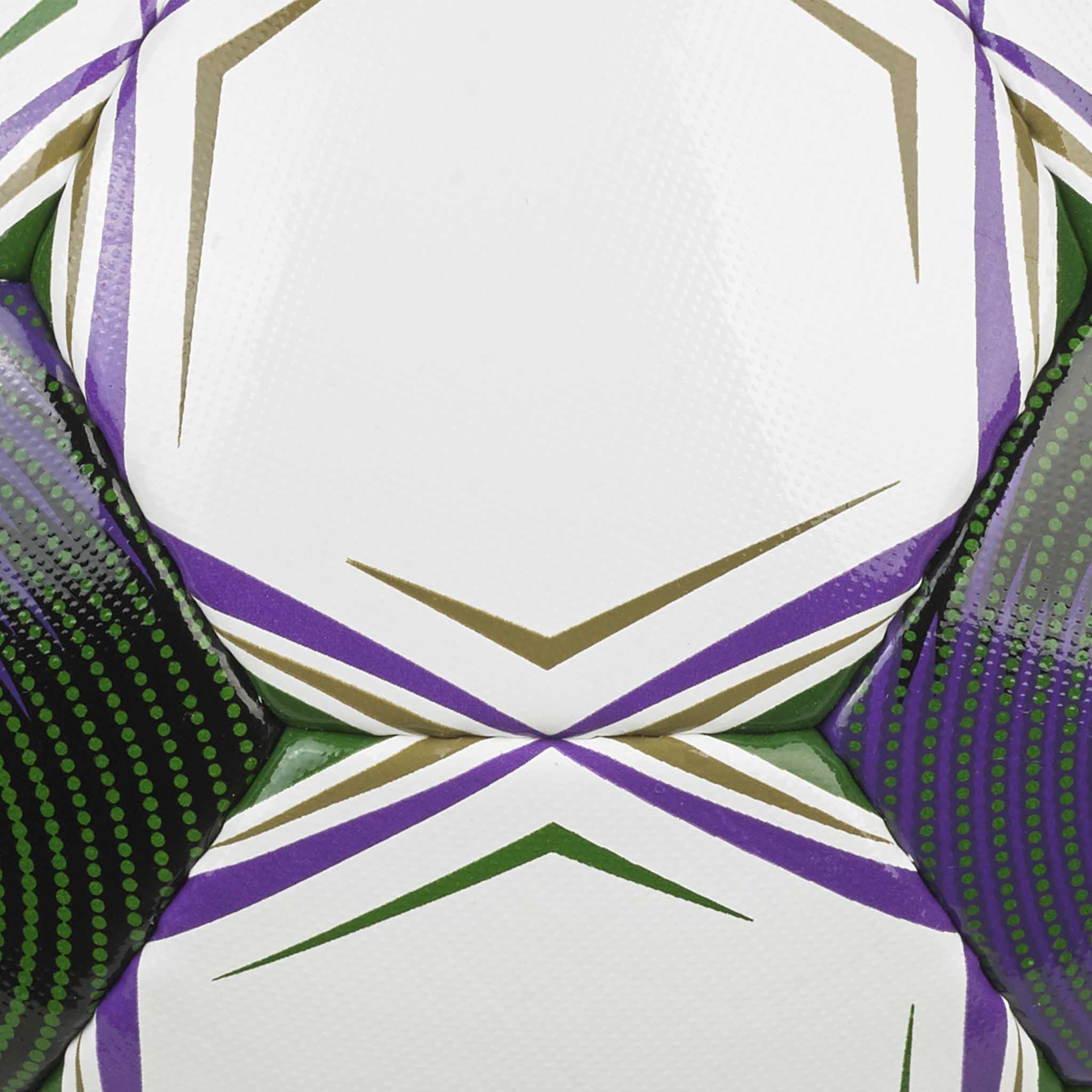 White soccer ball with black, purple, green and gold accents and 'Select' branding. #color_purple/green #color_white/purple