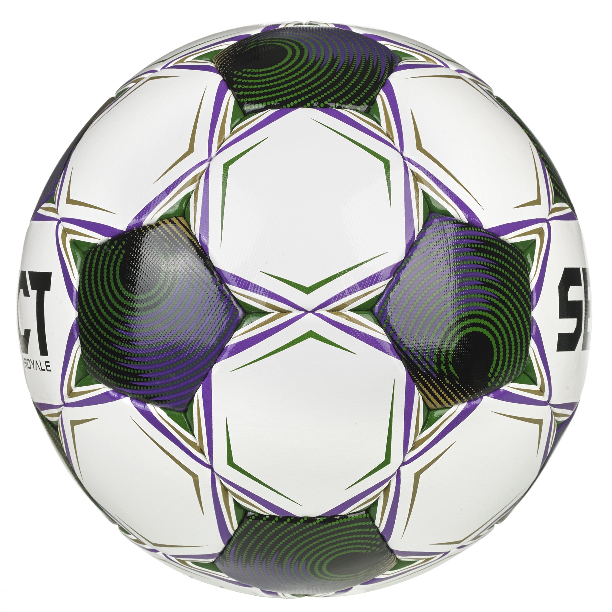 White soccer ball with black, purple, green and gold accents and 'Select' branding. #color_purple/green #color_white/purple