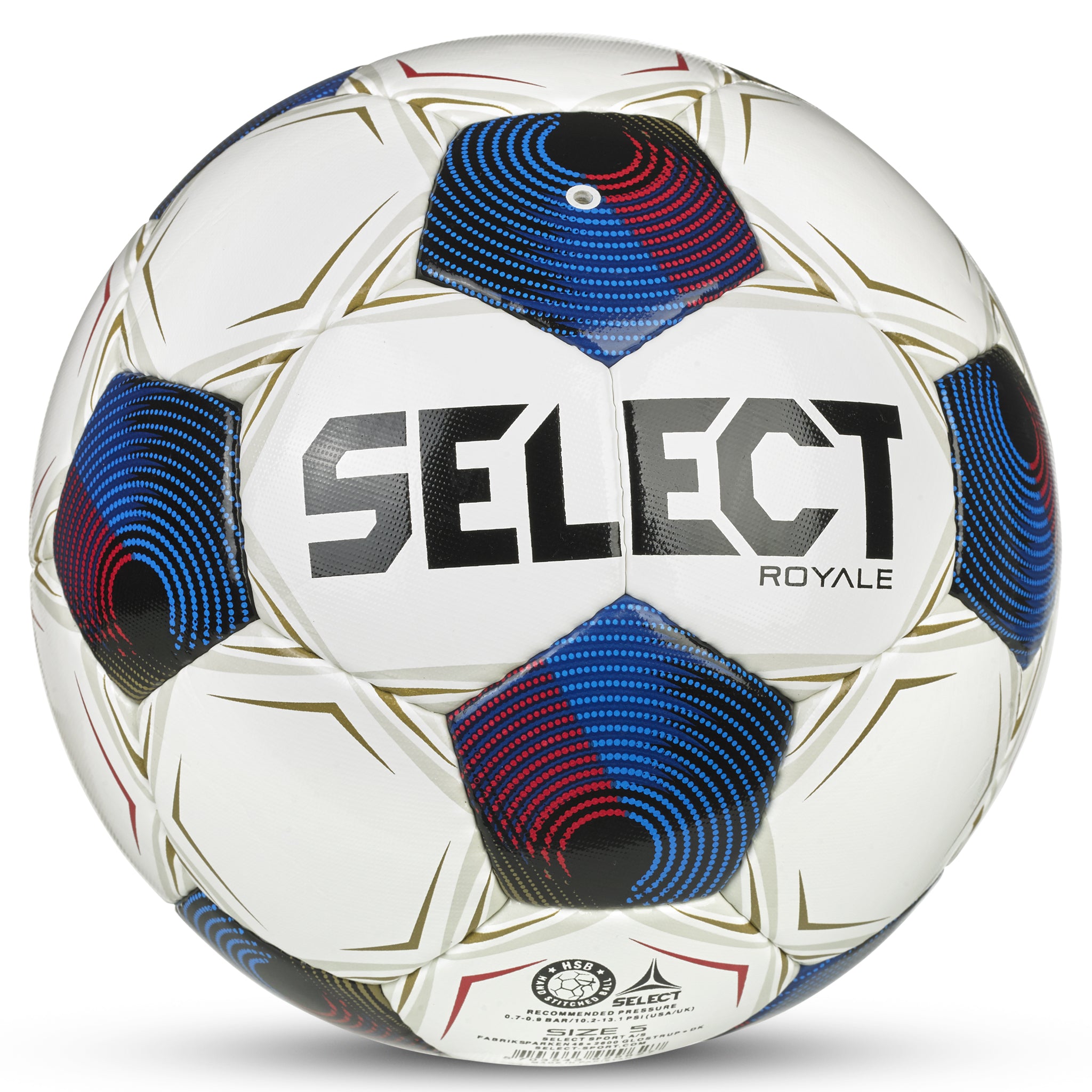 White soccer ball with black, blue, red and gold accents and 'Select' branding. #color_ #color_white/blue #color_white/blue