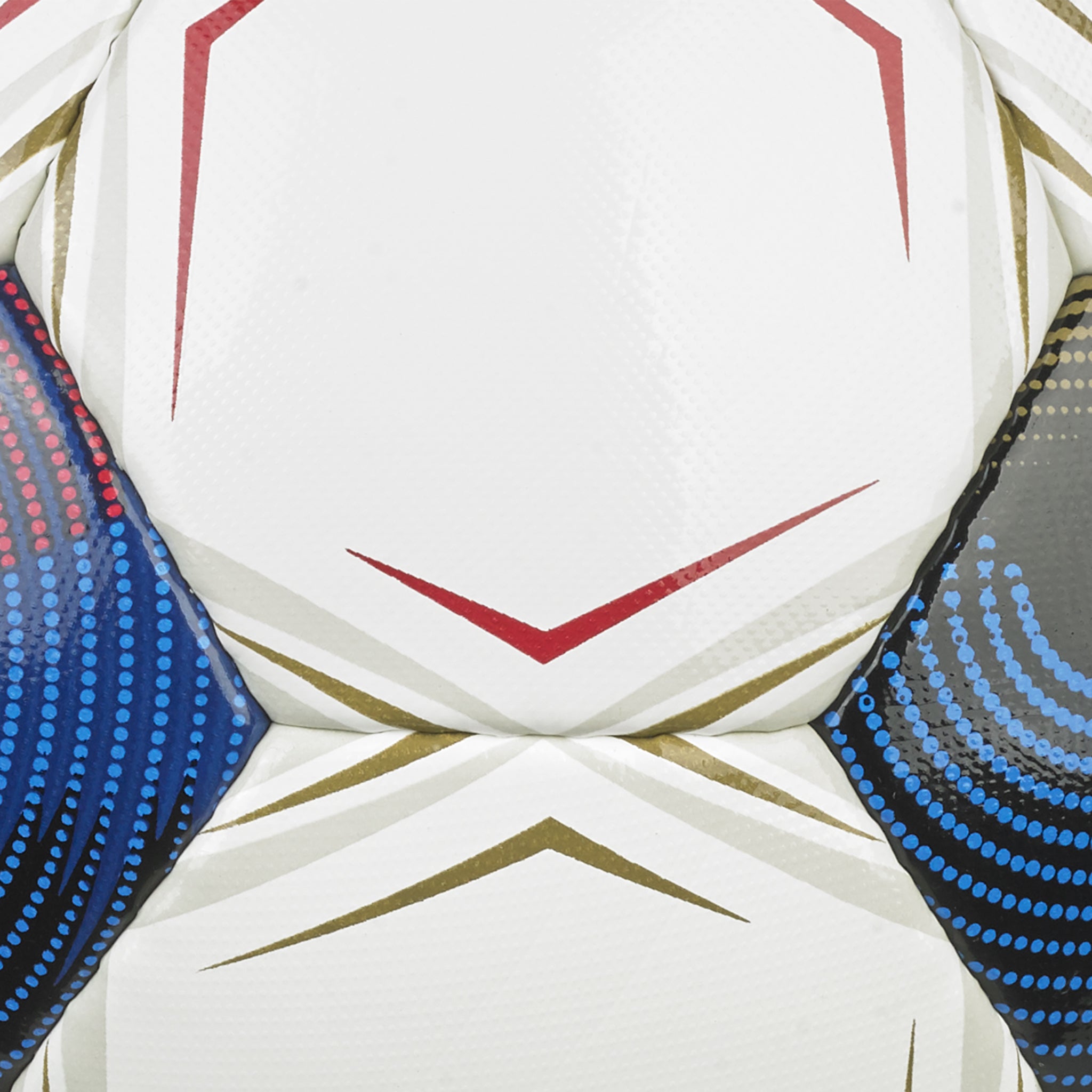 White soccer ball with black, blue, red and gold accents and 'Select' branding. #color_ #color_white/blue #color_white/blue