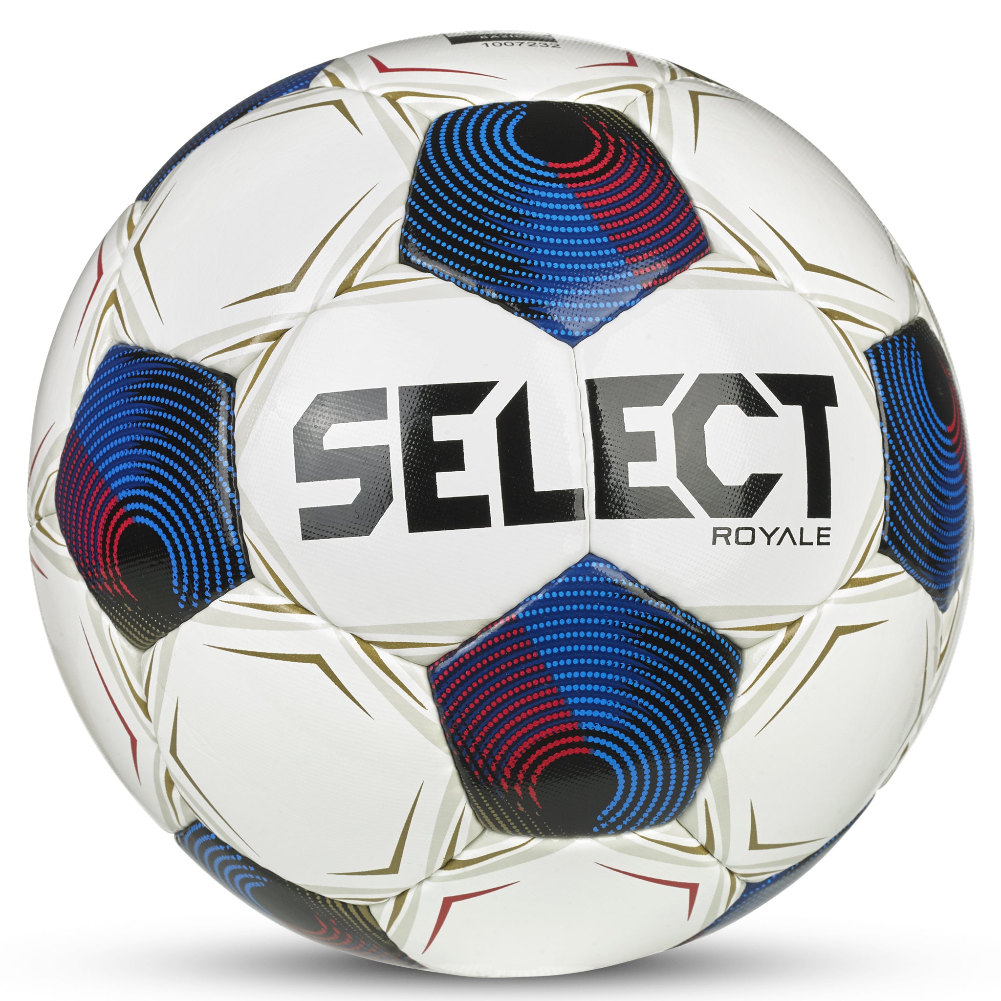 White soccer ball with black, blue, red and gold accents and 'Select' branding. #color_white/blue