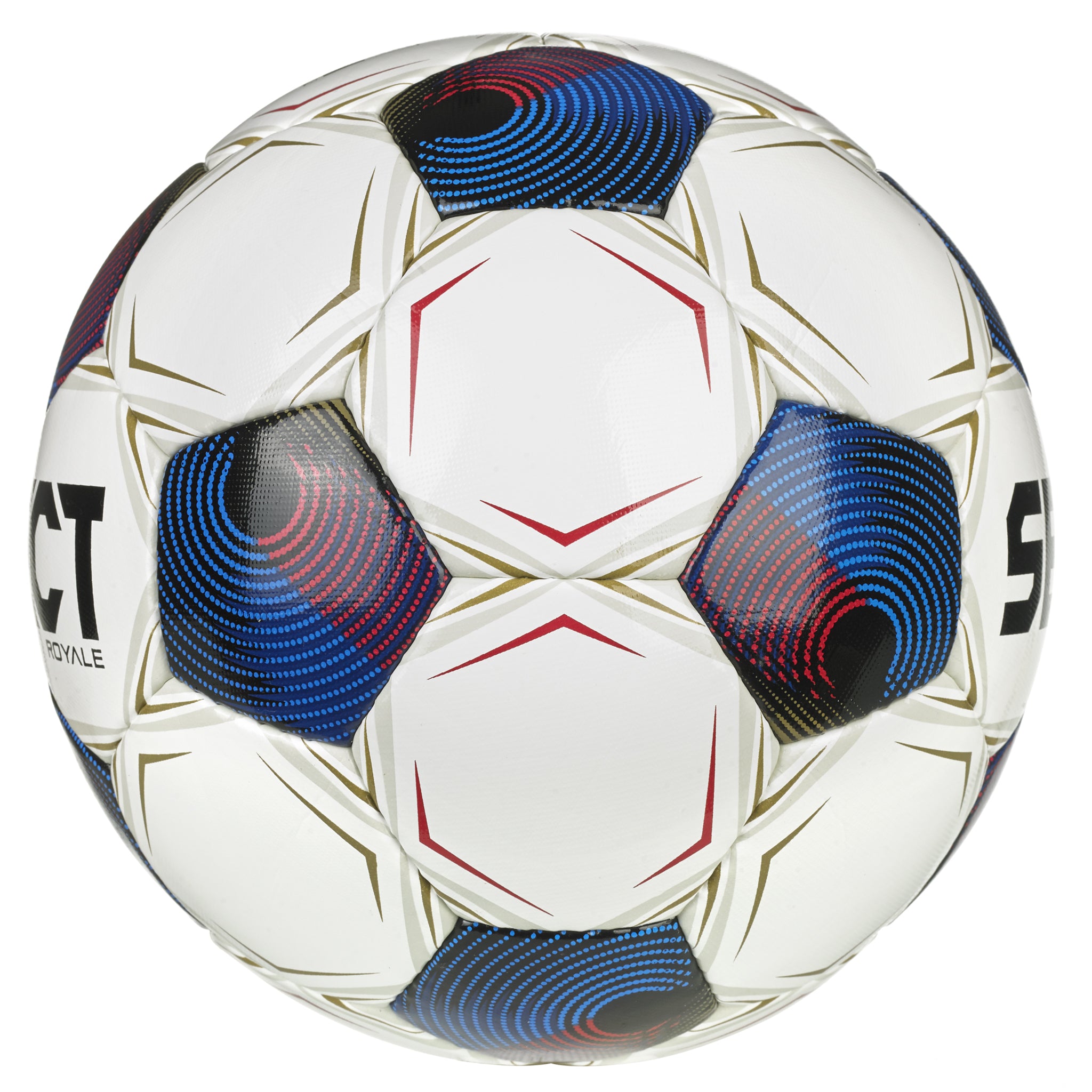 White soccer ball with black, blue, red and gold accents and 'Select' branding. #color_ #color_white/blue #color_white/blue