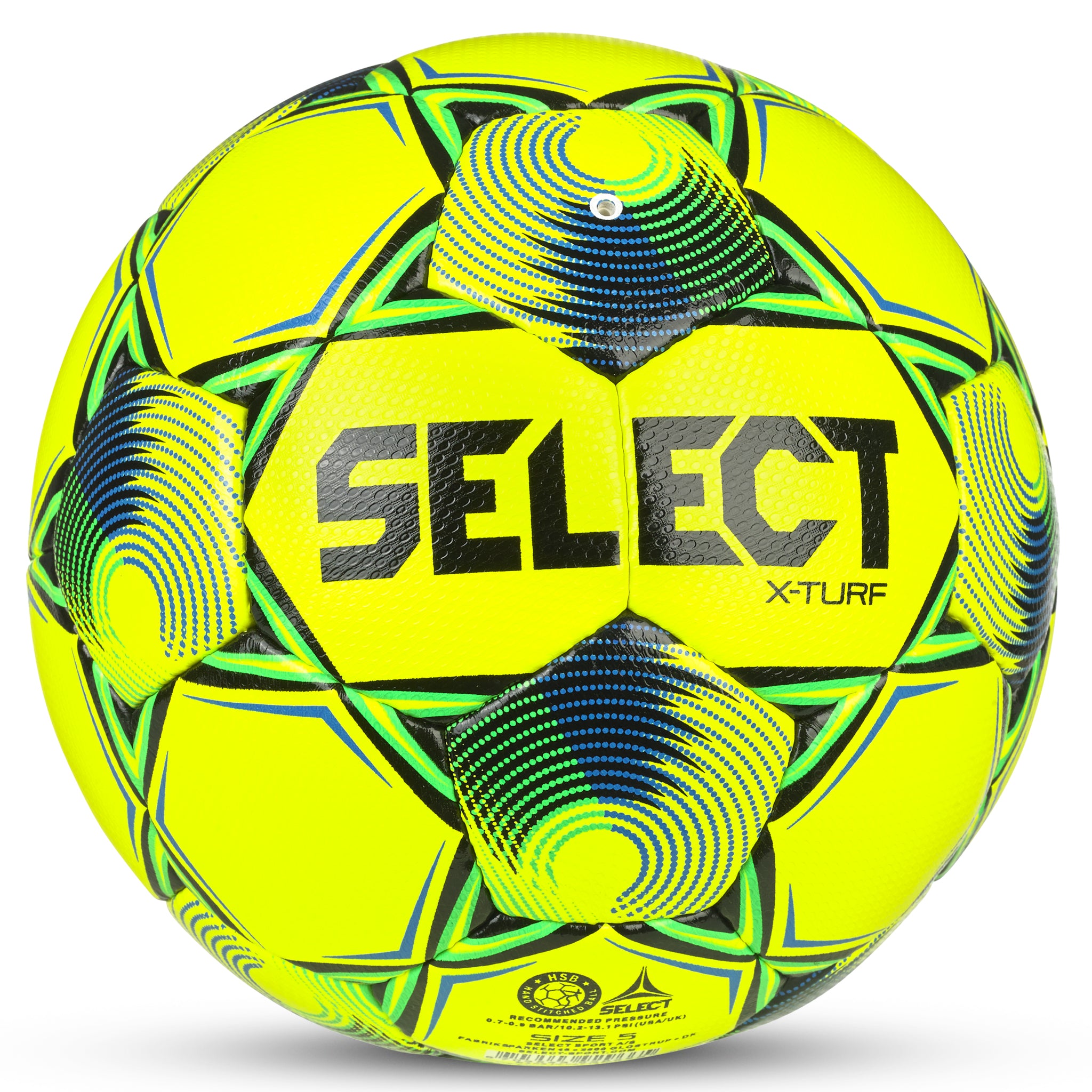 X-Turf v25 soccer ball, back page. Yellow ball with green, blue and black design.