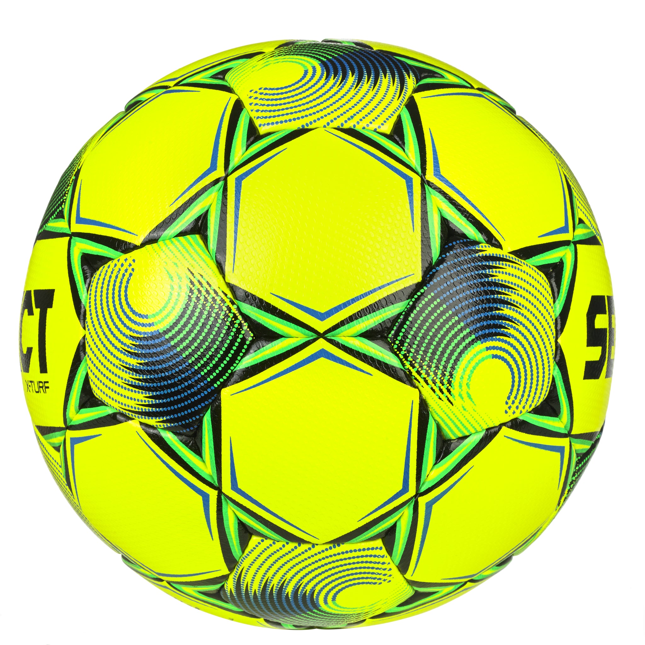 X-Turf v25 soccer ball in yellow with green and blue patterns, right-side view