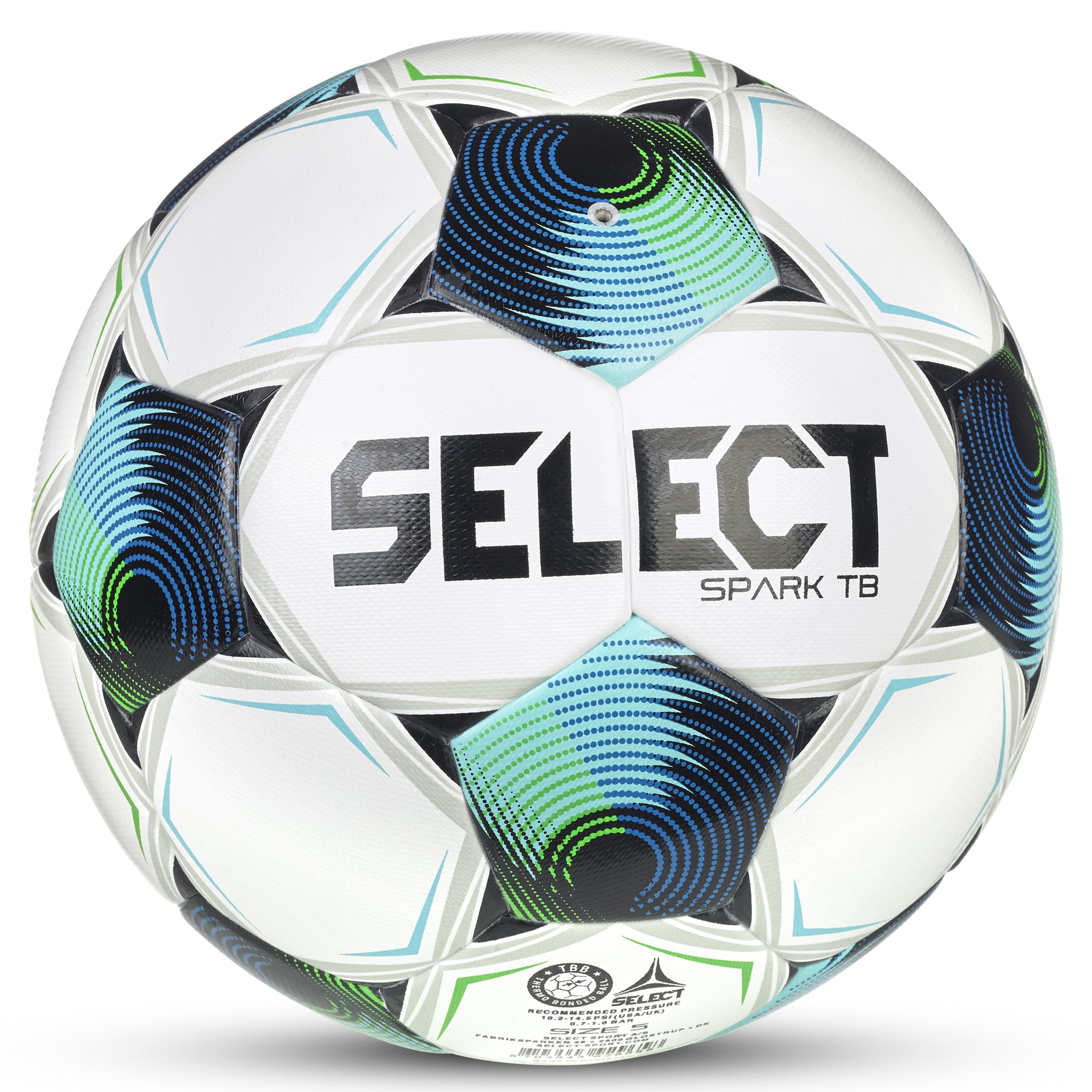White soccer ball with navy, blue, and green accents and 'Select' branding. Approved for NFHS play #color_white/blue