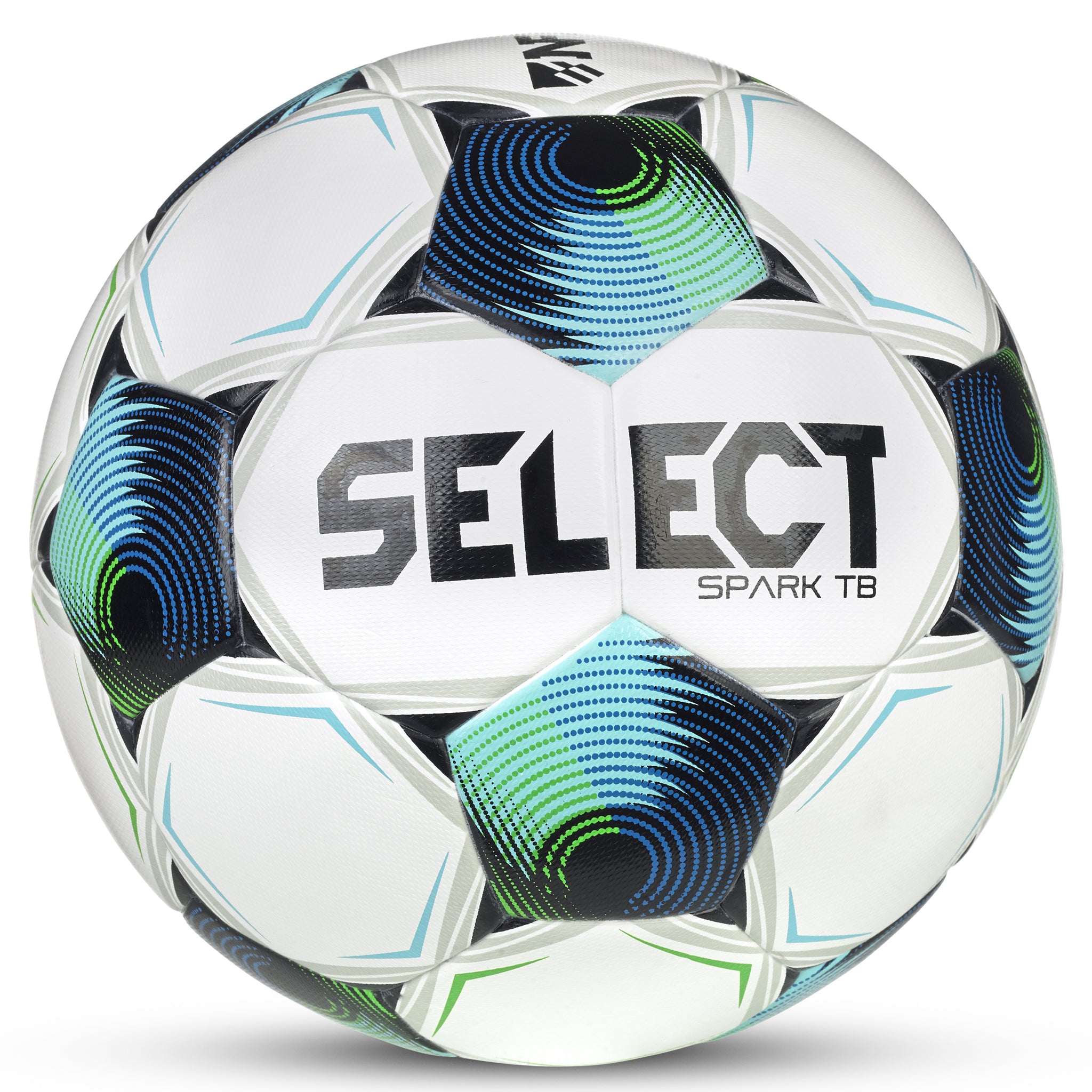 White soccer ball with navy, blue, and green accents and 'Select' branding. Approved for NFHS play #color_white/blue