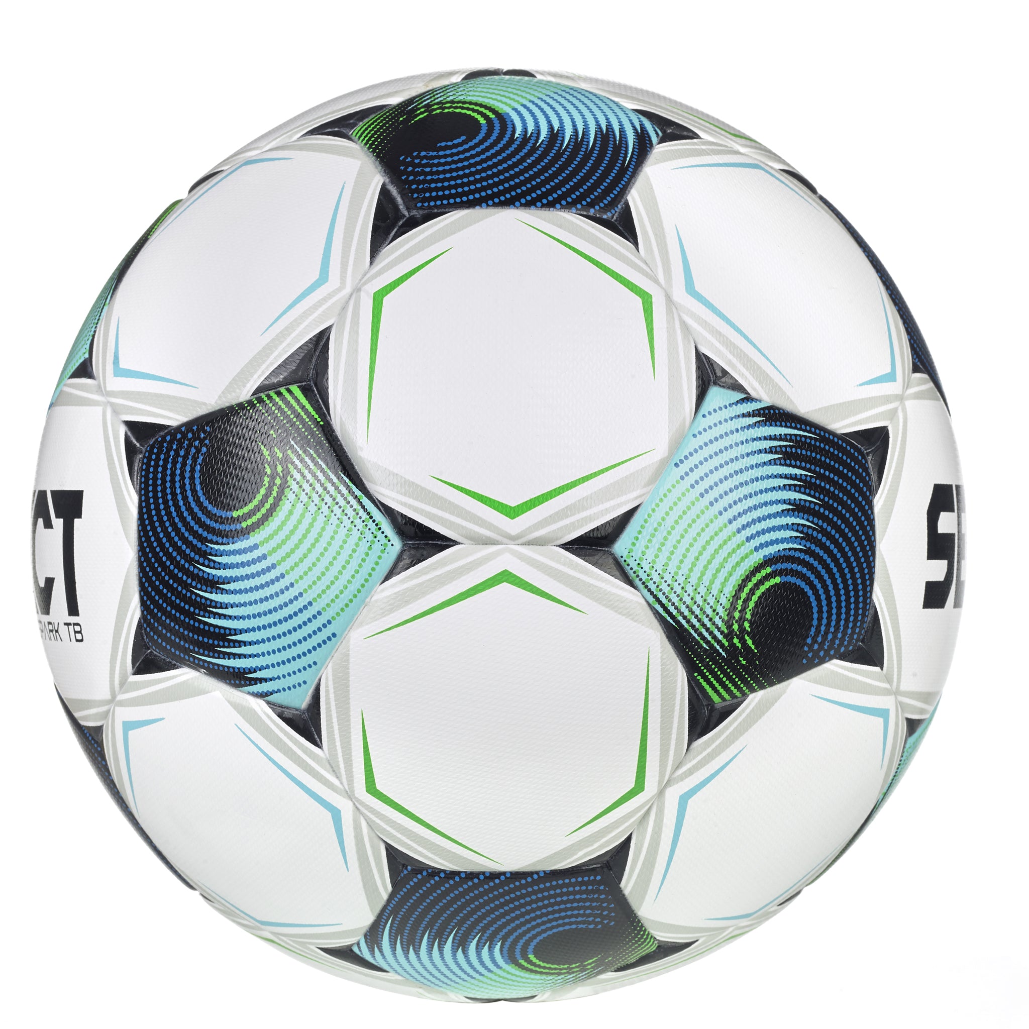 White soccer ball with navy, blue, and green accents and 'Select' branding. Approved for NFHS play #color_white/blue