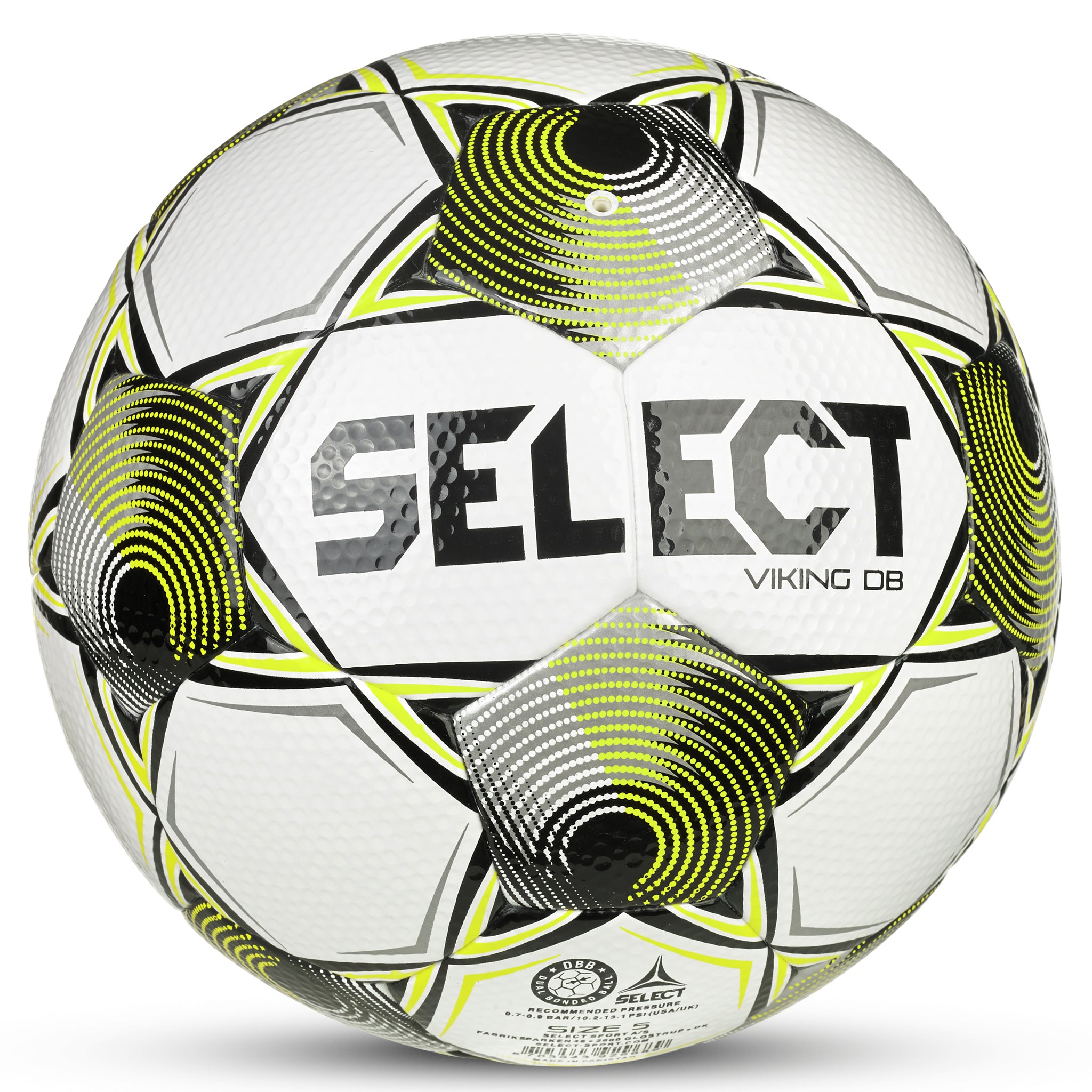 White soccer ball with black, silver and yellow accents and 'select' branding. Approved for NFHS play #color_white/yellow