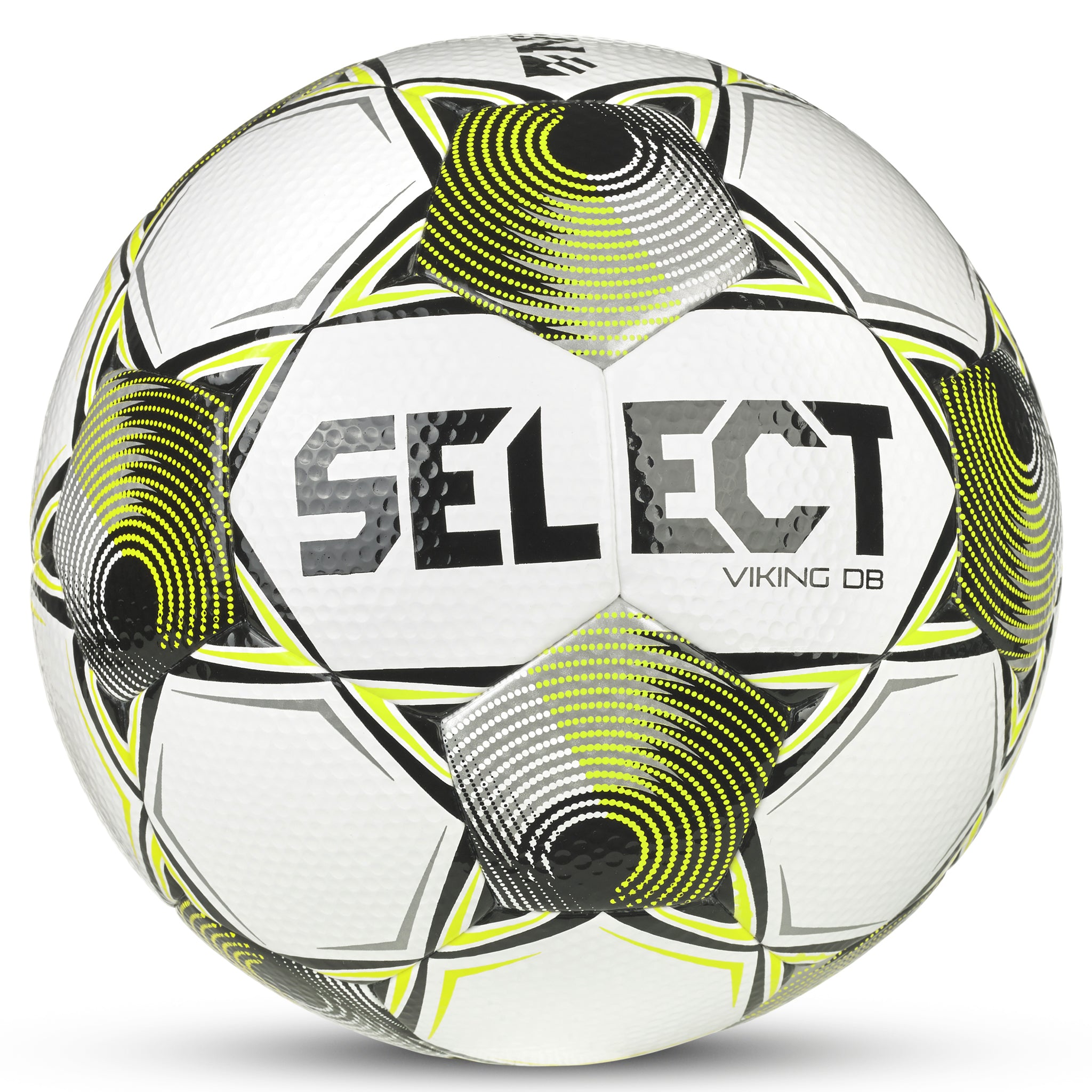 White soccer ball with black, silver and yellow accents and 'select' branding. Approved for NFHS play #color_white/yellow