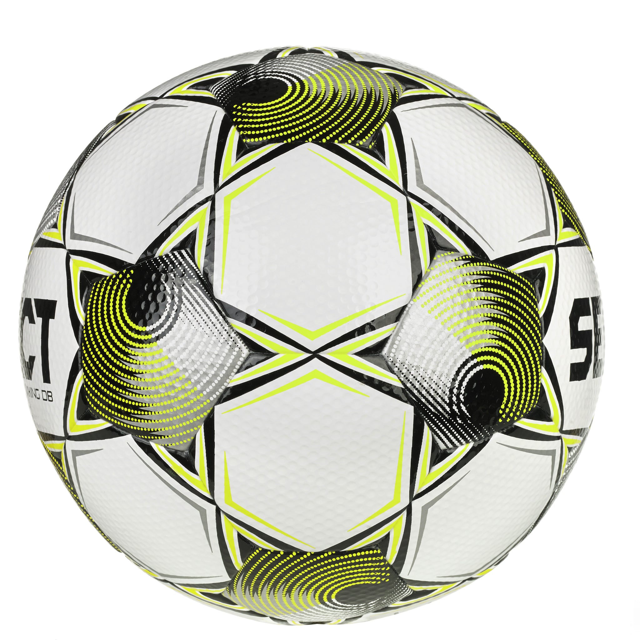 White soccer ball with black, silver and yellow accents and 'select' branding. Approved for NFHS play #color_white/yellow
