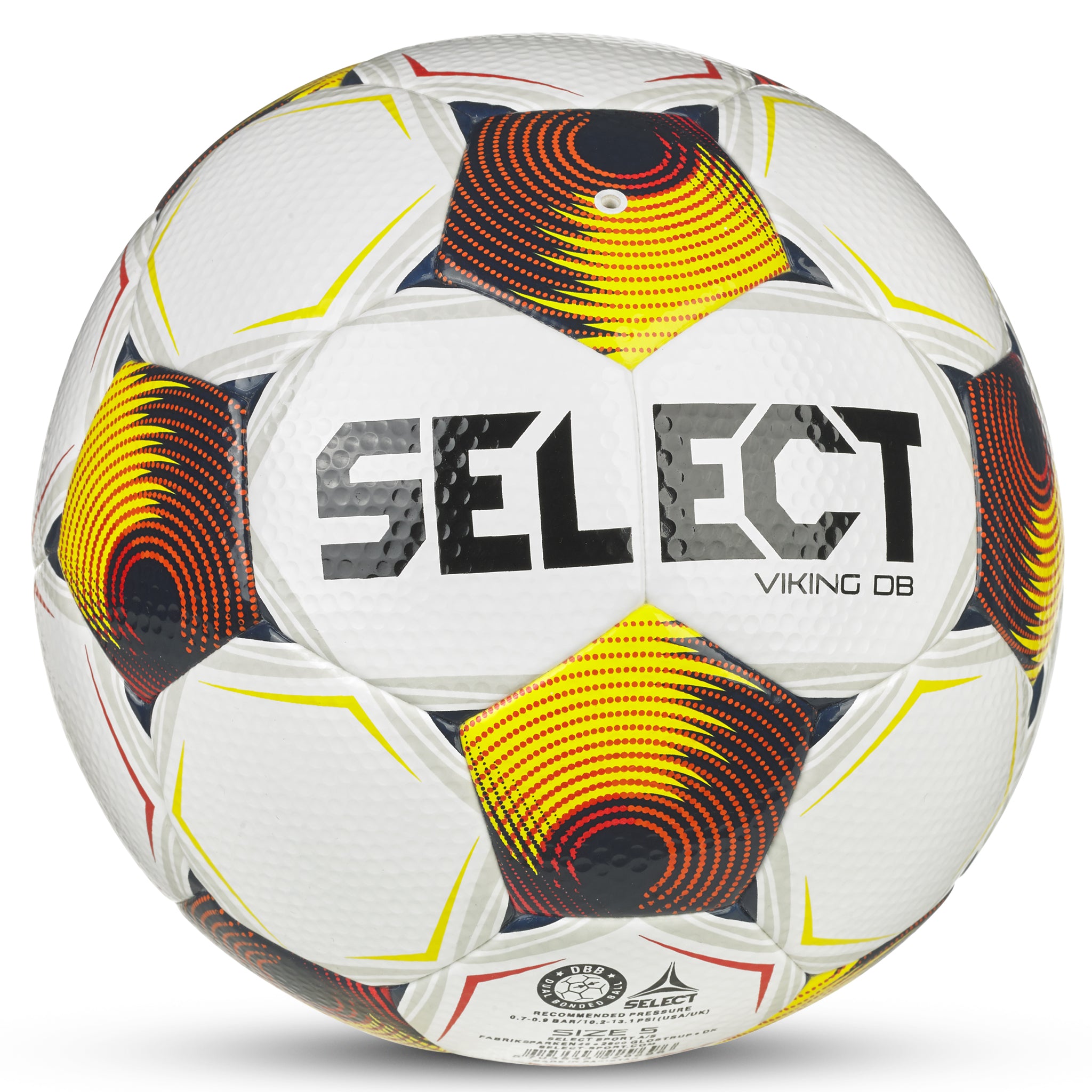 White soccer ball with navy, orange, and yellow accents and 'select' branding #color_white/orange