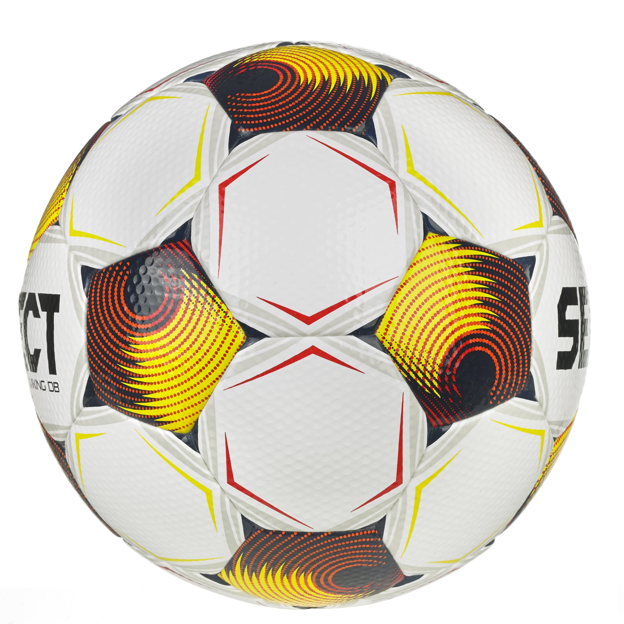 White soccer ball with navy, orange, and yellow accents and 'select' branding #color_white/orange