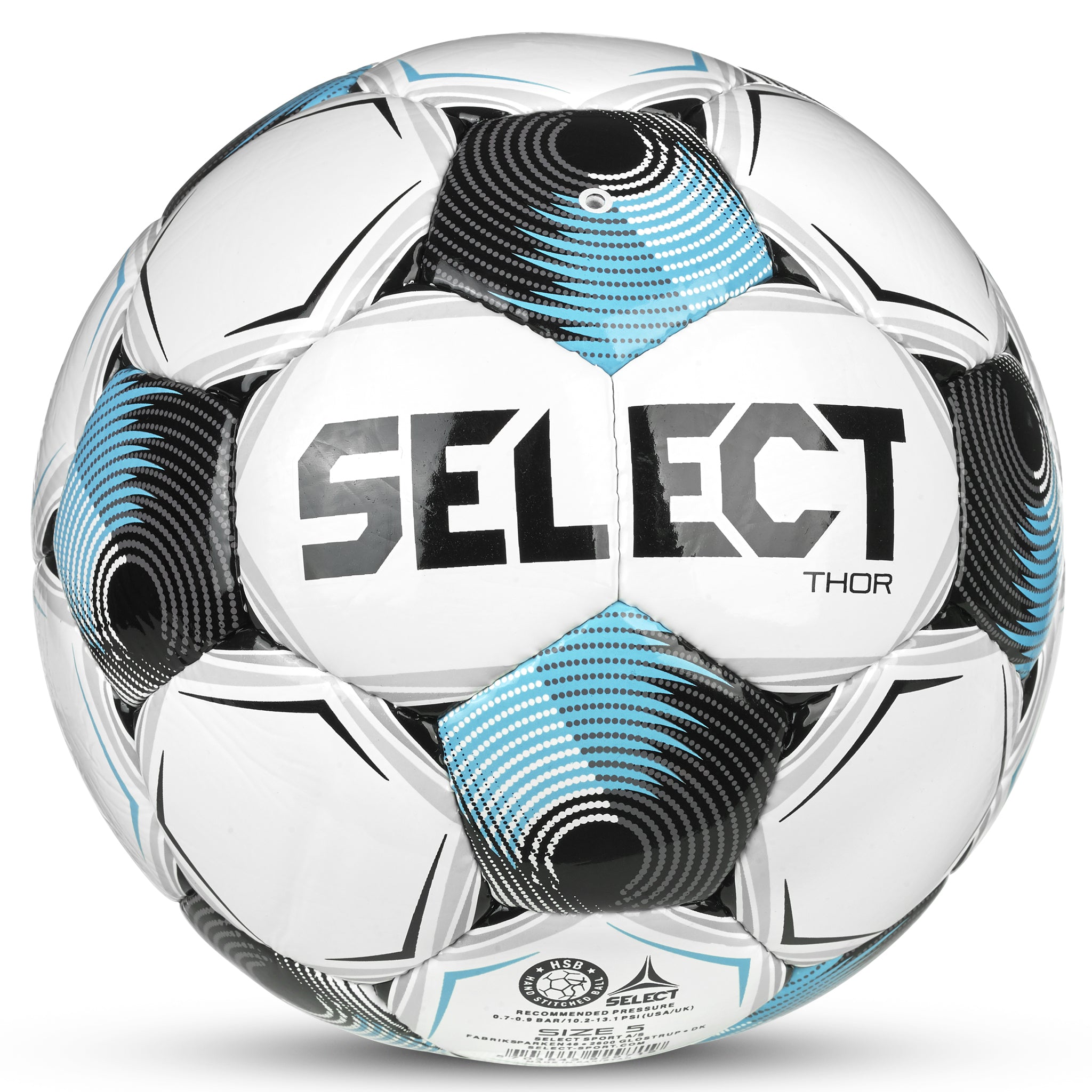 White soccer ball with black, blue, and gray accents with 'Select' branding. Approved for NFHS play #color_white/blue