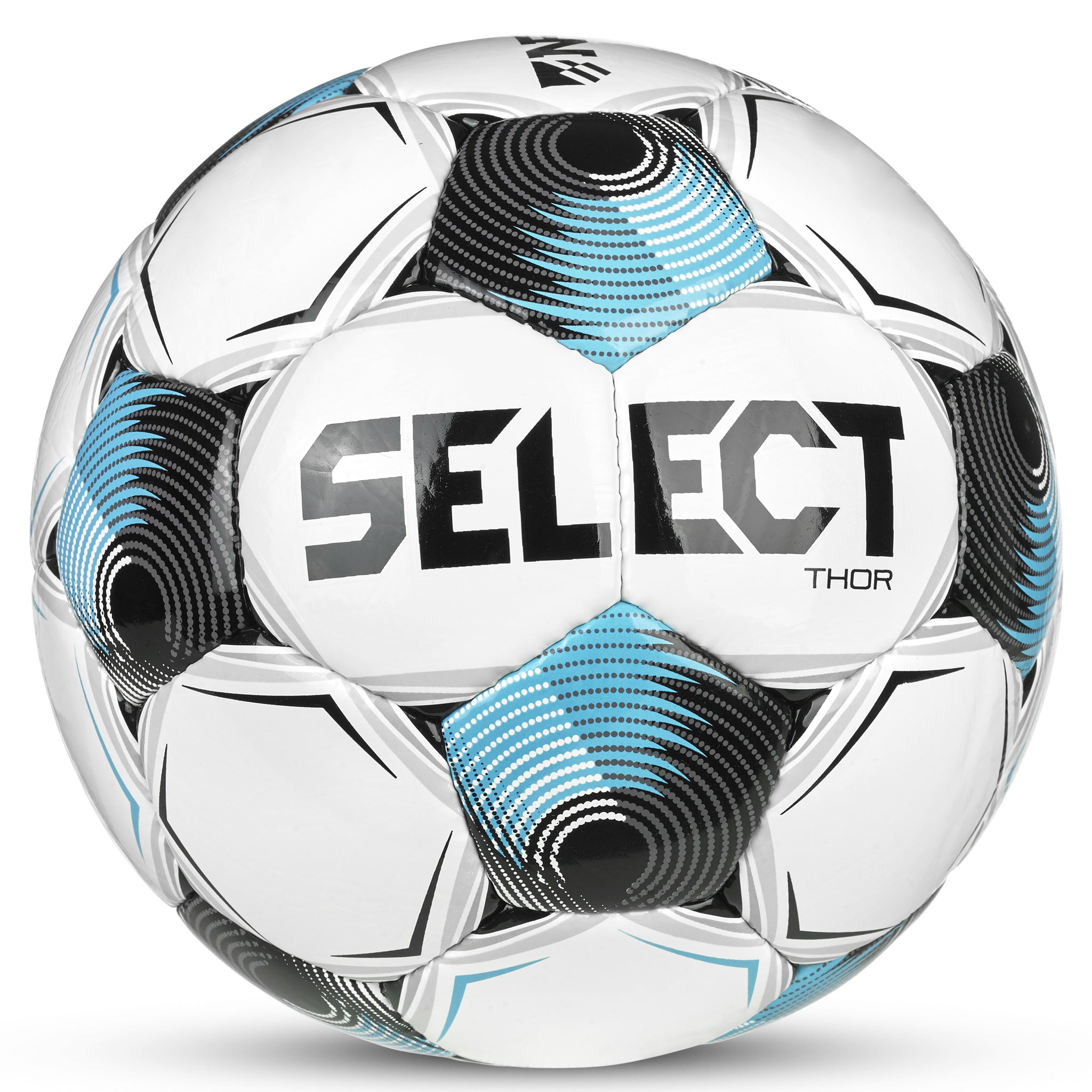 White soccer ball with black, blue, and gray accents with 'Select' branding. Approved for NFHS play #color_white/blue