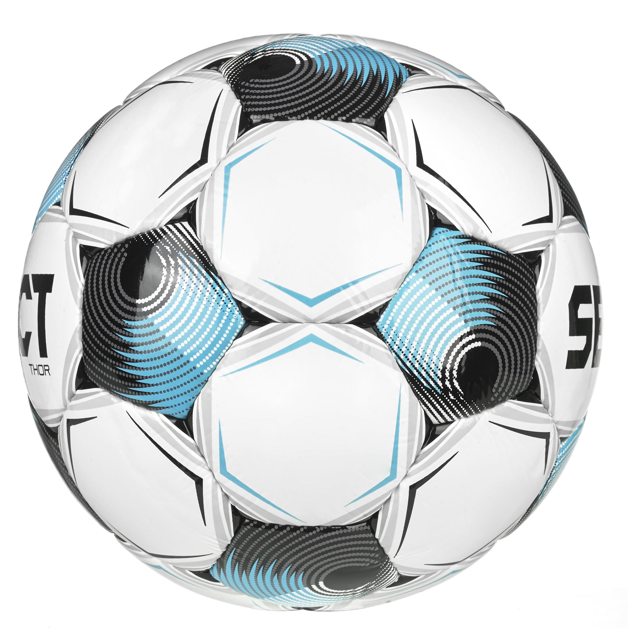 White soccer ball with black, blue, and gray accents with 'Select' branding. Approved for NFHS play #color_white/blue