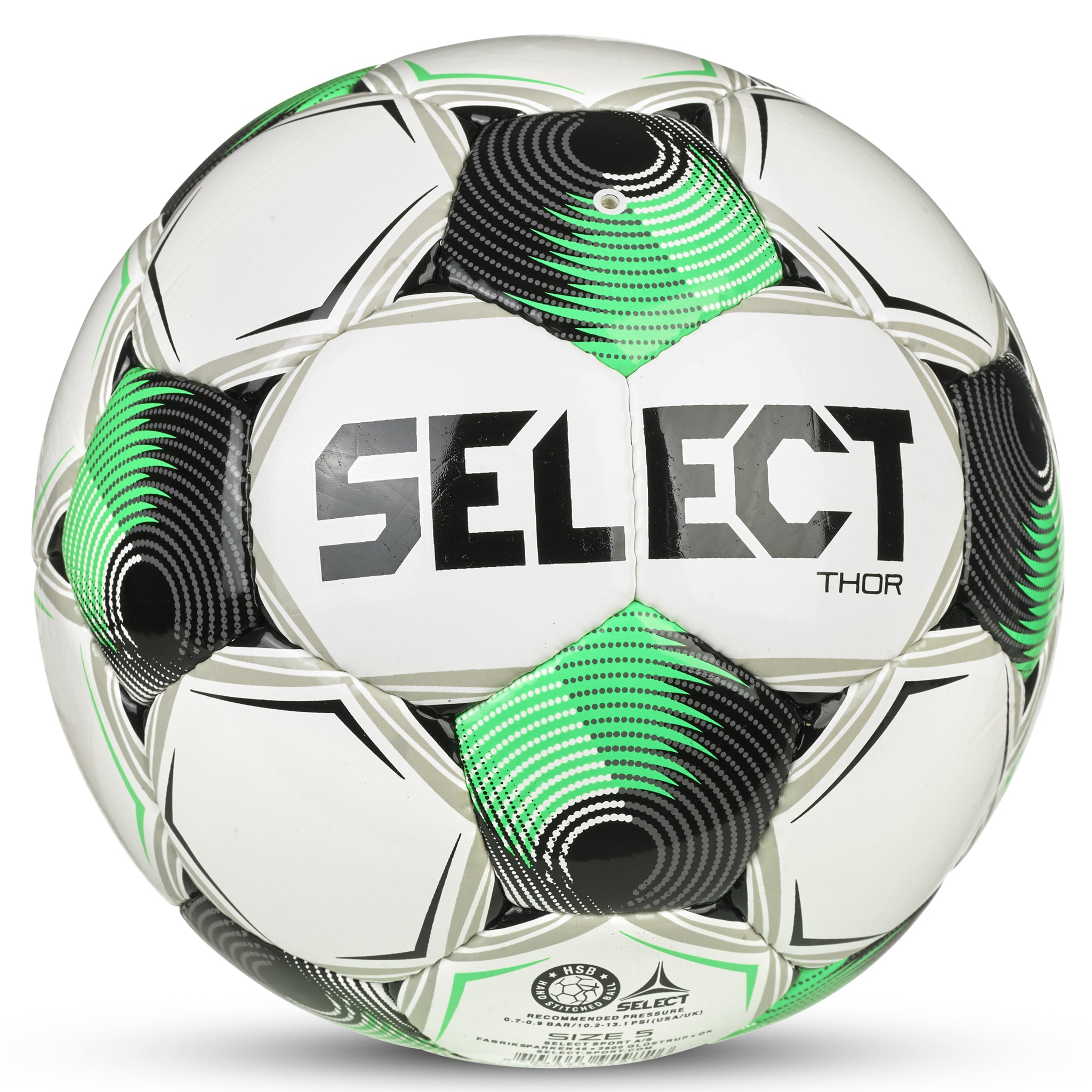 White soccer ball with black, green, and gray accents with 'Select' branding #color_white/green