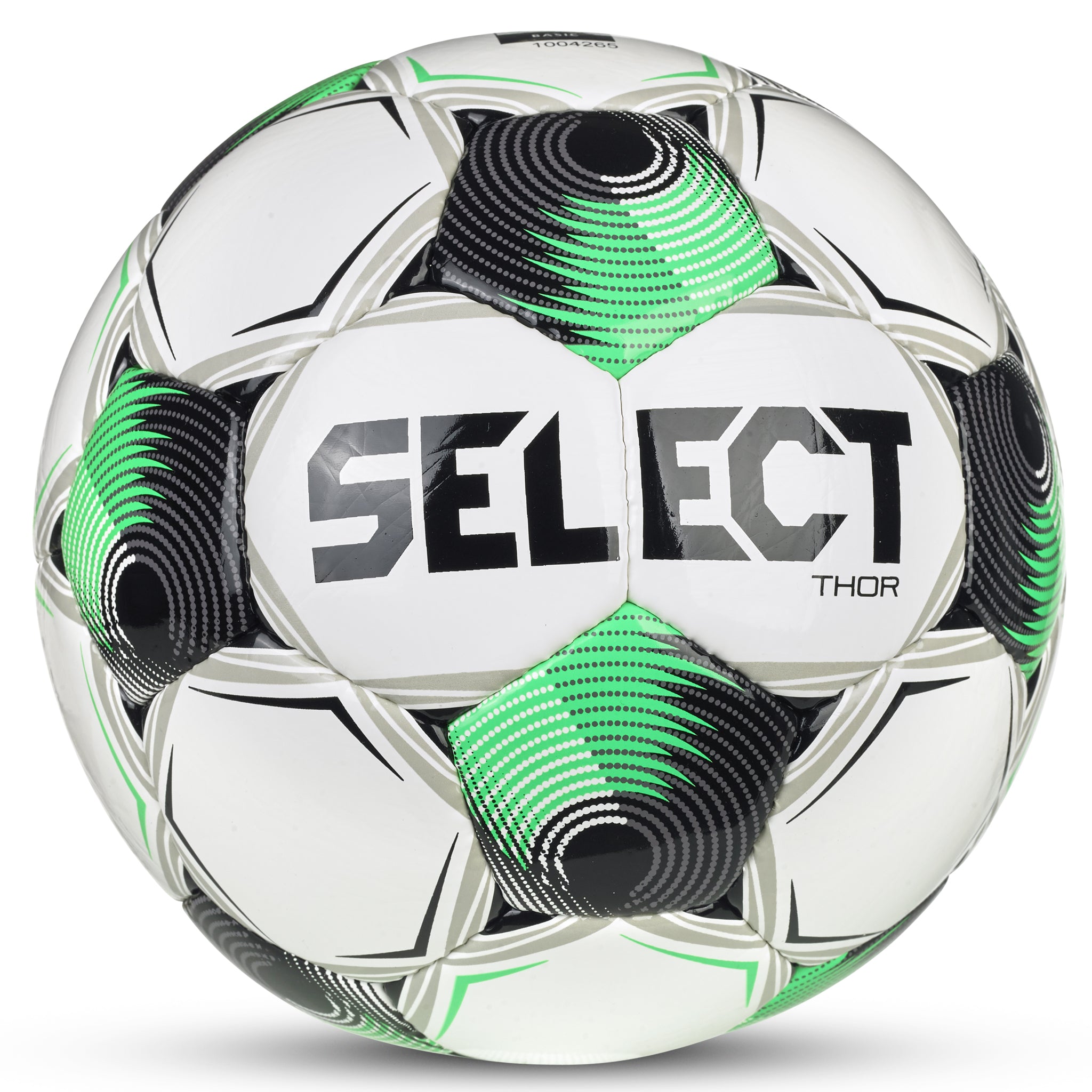 White soccer ball with black, green, and gray accents with 'Select' branding #color_white/green