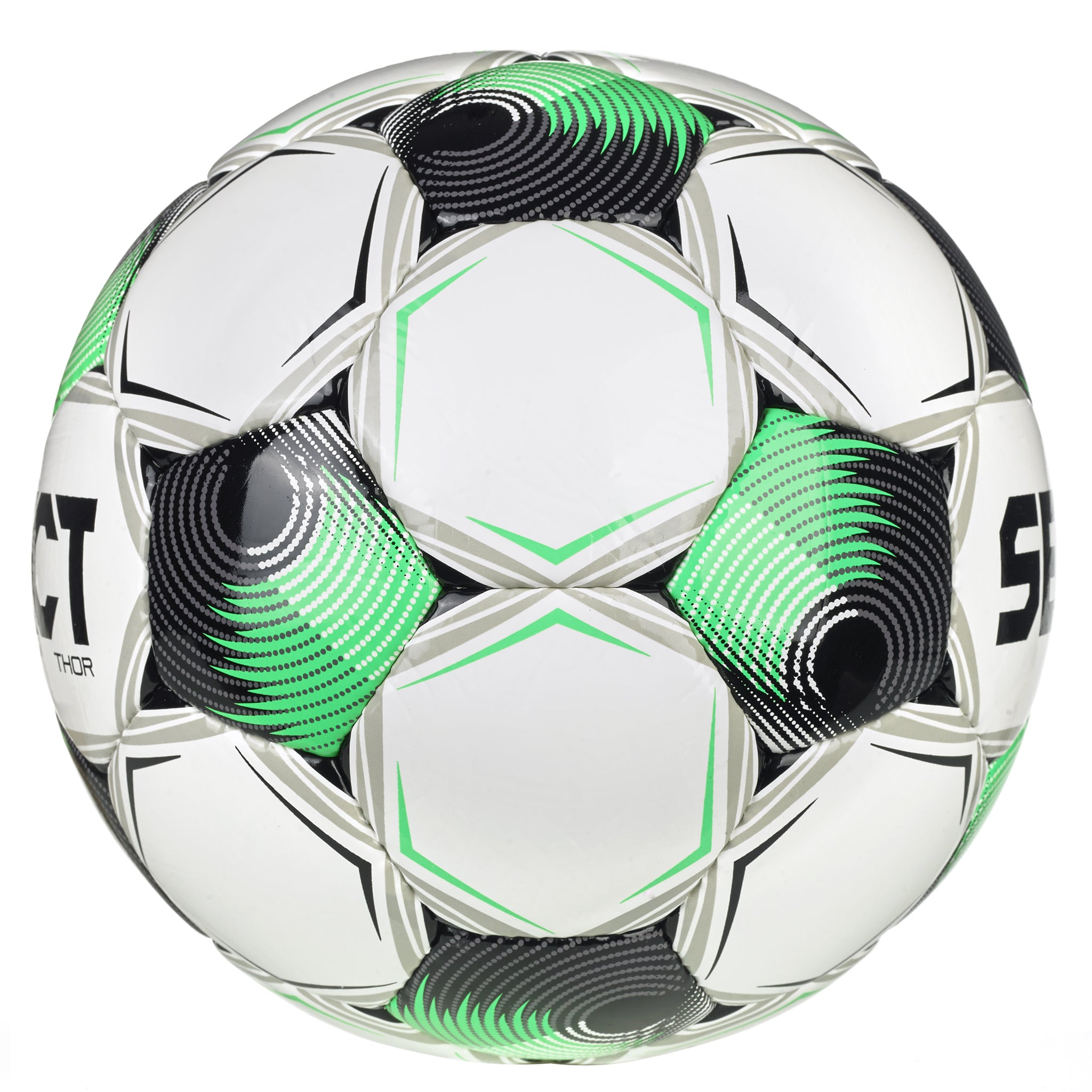 White soccer ball with black, green, and gray accents with 'Select' branding #color_white/green