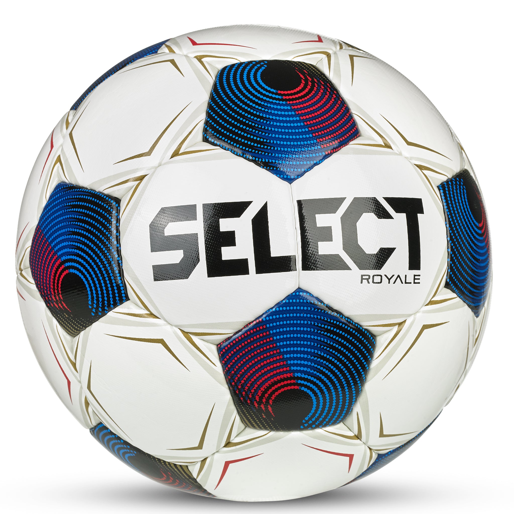 White soccer ball with black, blue, red and gold accents and 'Select' branding. #color_ #color_white/blue #color_white/blue