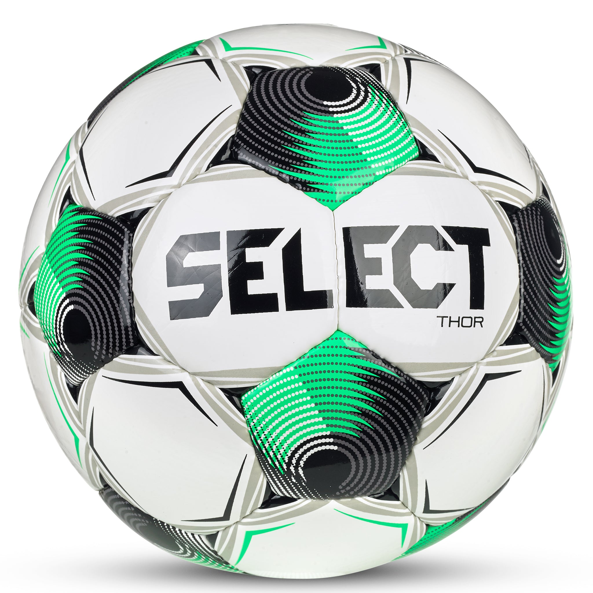 White soccer ball with black, green, and gray accents with 'Select' branding #color_white/green